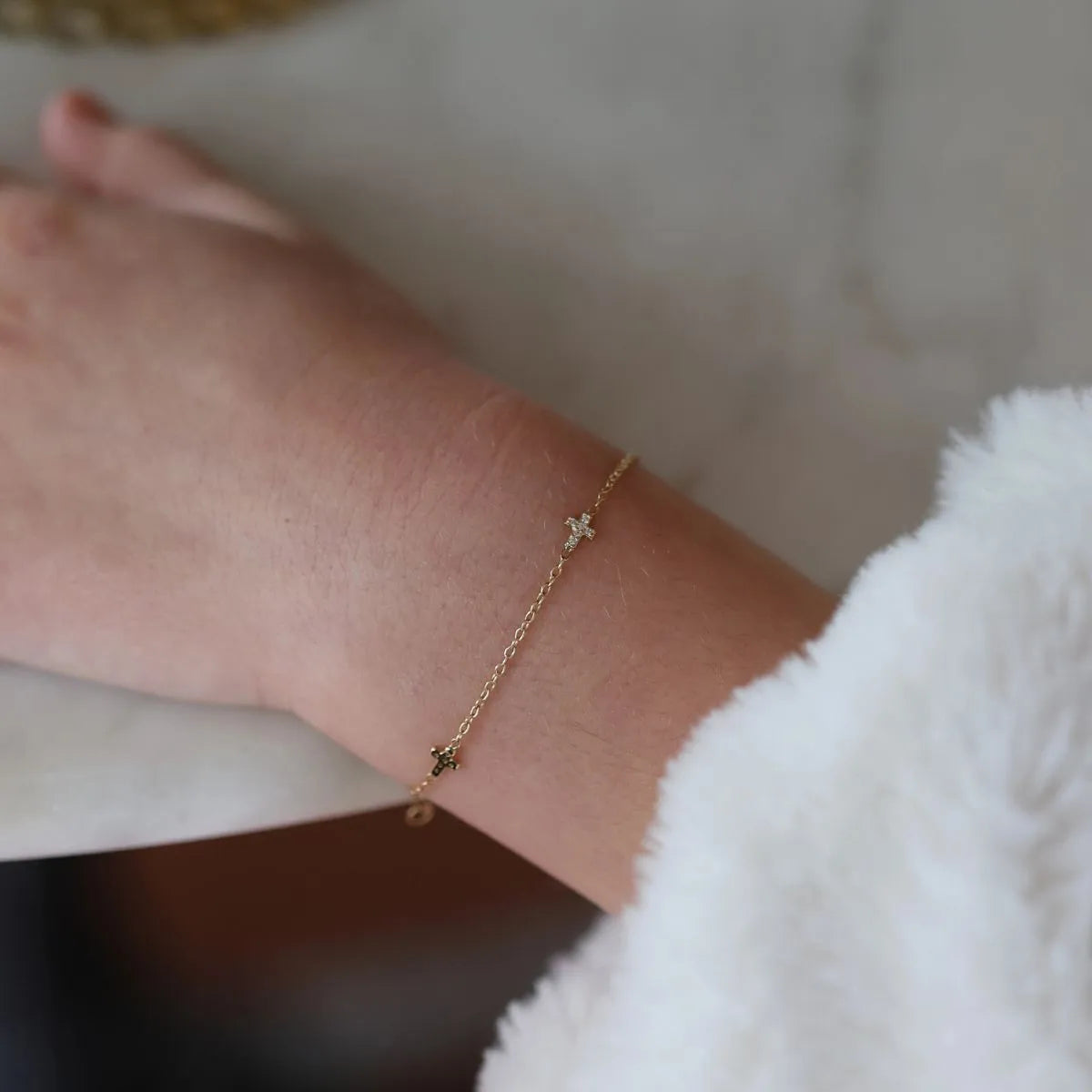 14k Gold Dainty CZ Cross Bracelet-Bracelets-Mama Bijoux