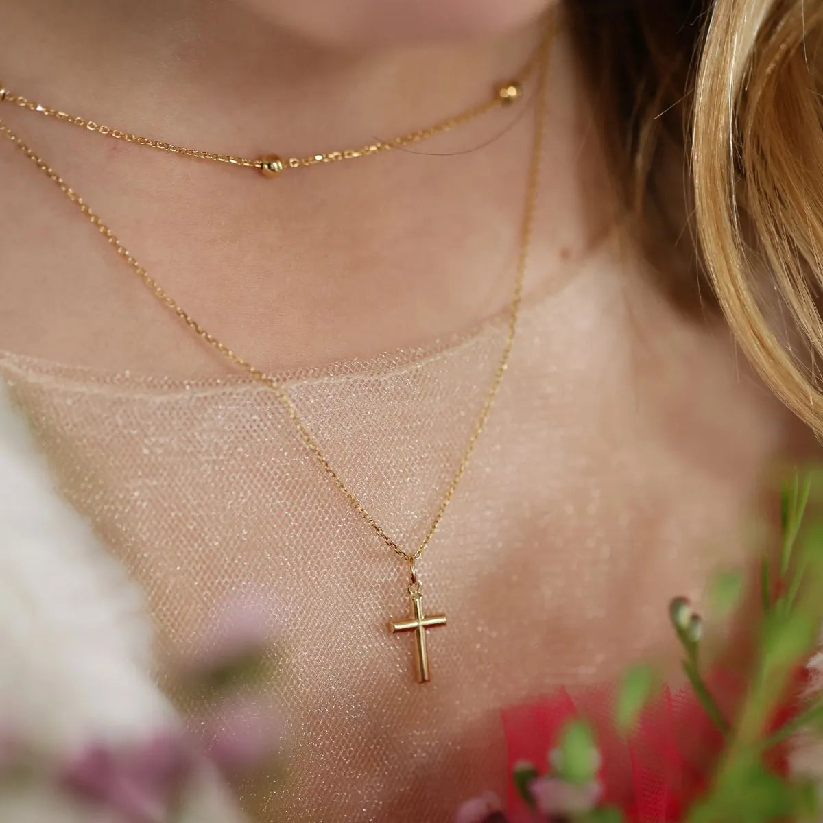 14k Gold Chain & Ball Station Kids Necklace