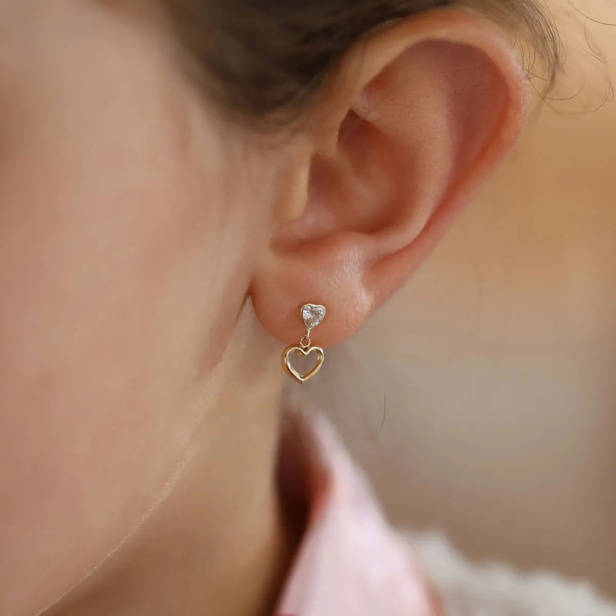14k Gold Kids CZ Dangle Heart Studs-Earrings-Mama Bijoux