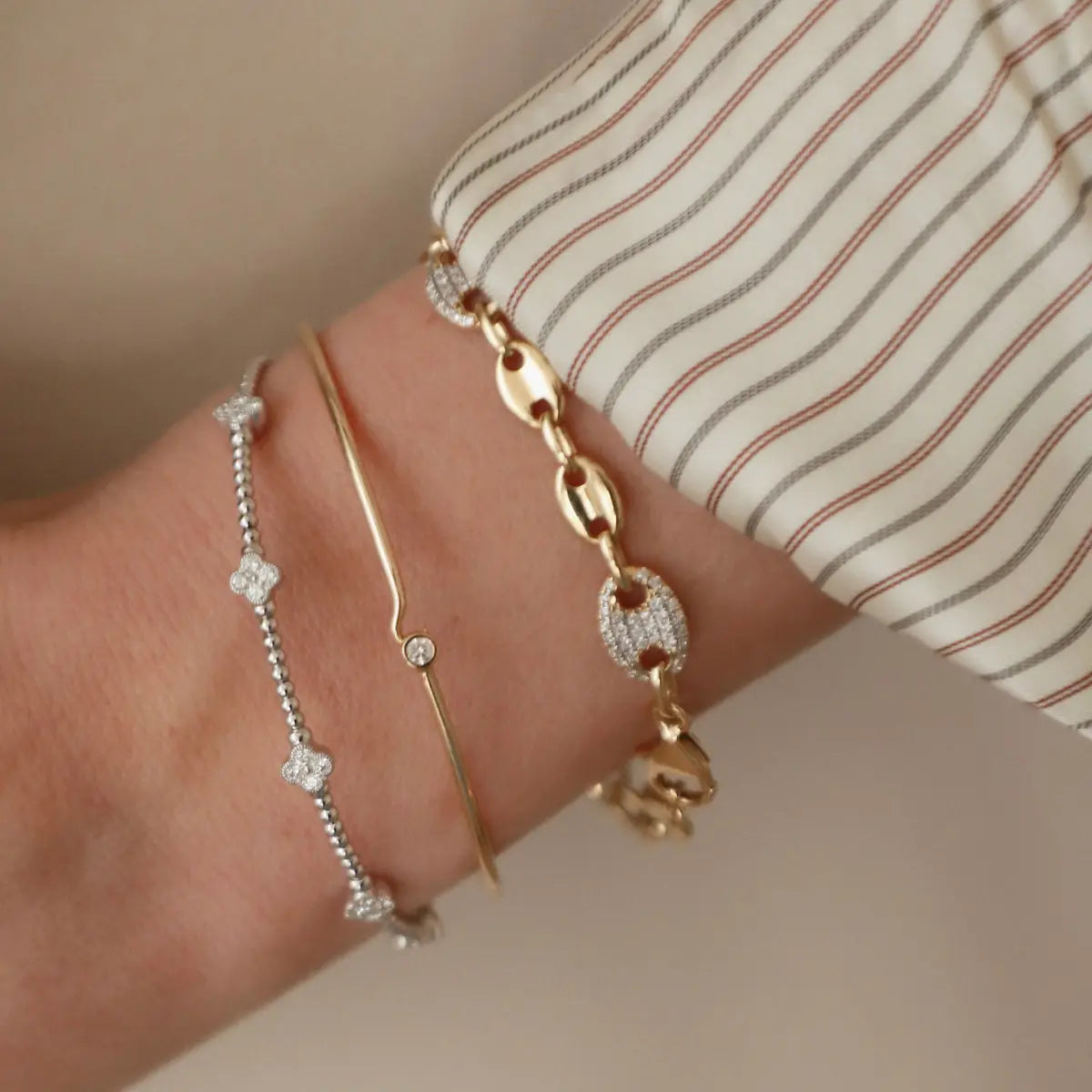 Mixed Gold & Diamond Pavé Mariner Link Bracelet-Bracelets-Mama Bijoux