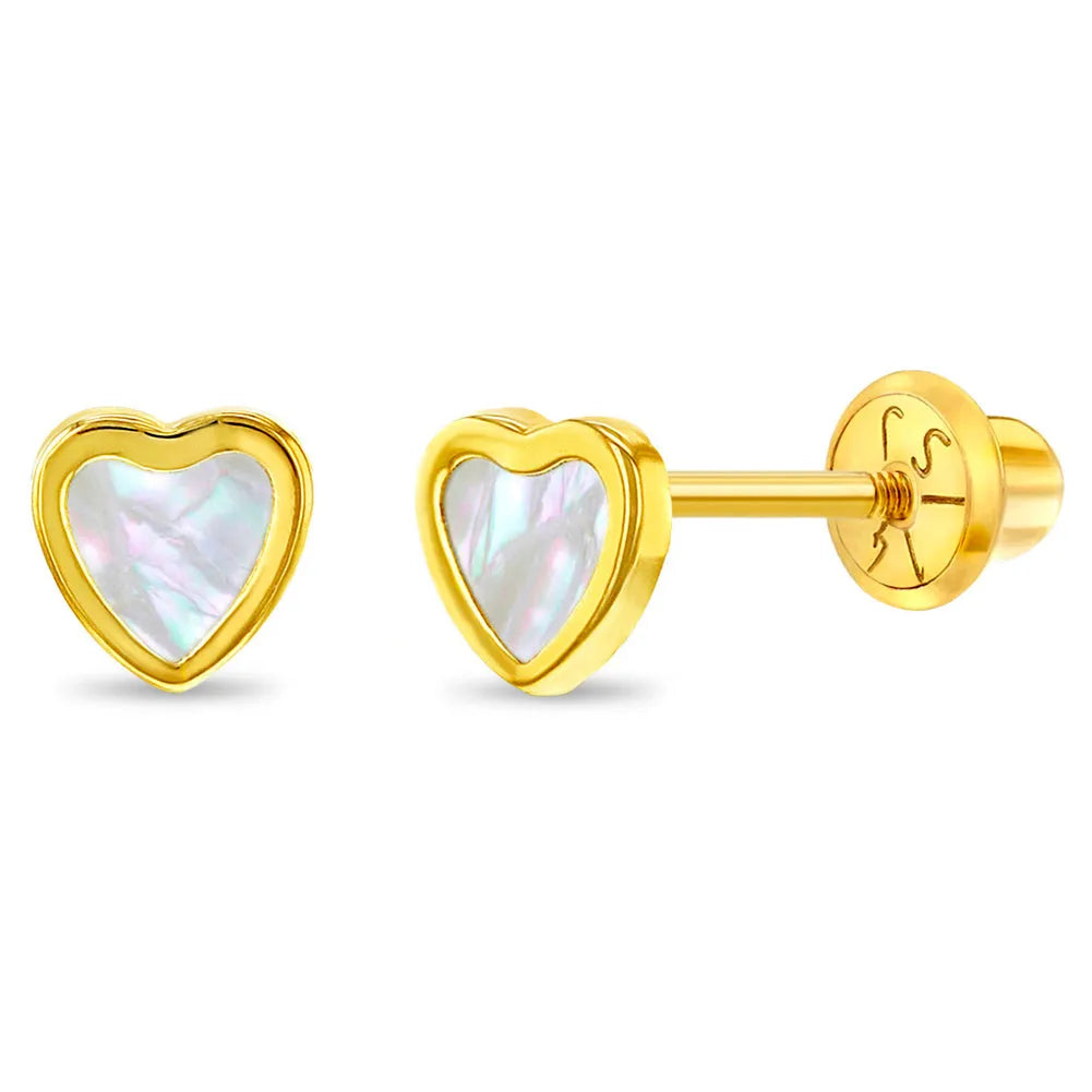 14k Gold & Mother of Pearl Heart Kids Stud Earrings
