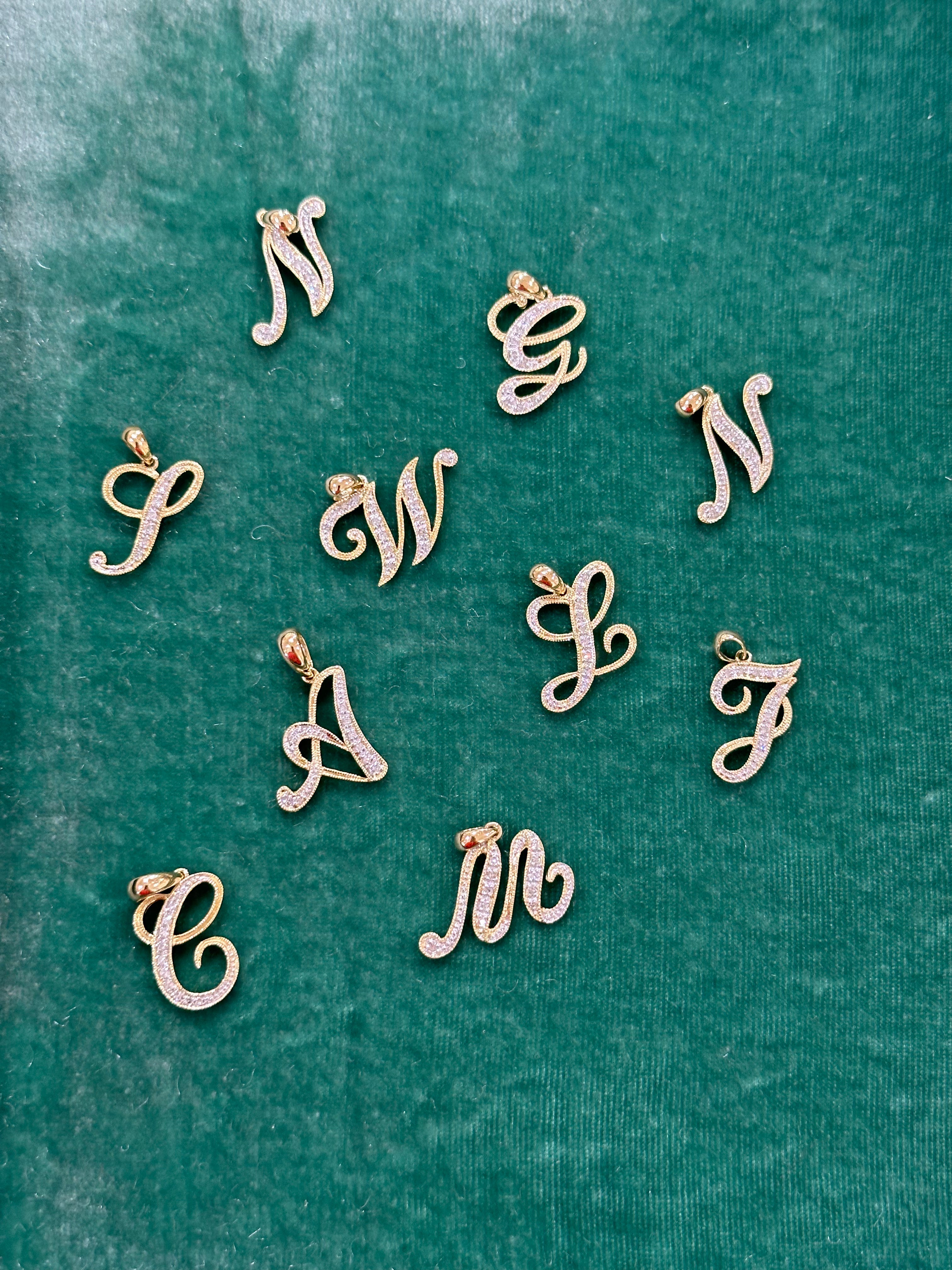 14k Gold Vintage Script Diamond Letter Charms — Charms & Pendants — Mama Bijoux fine jewelry
