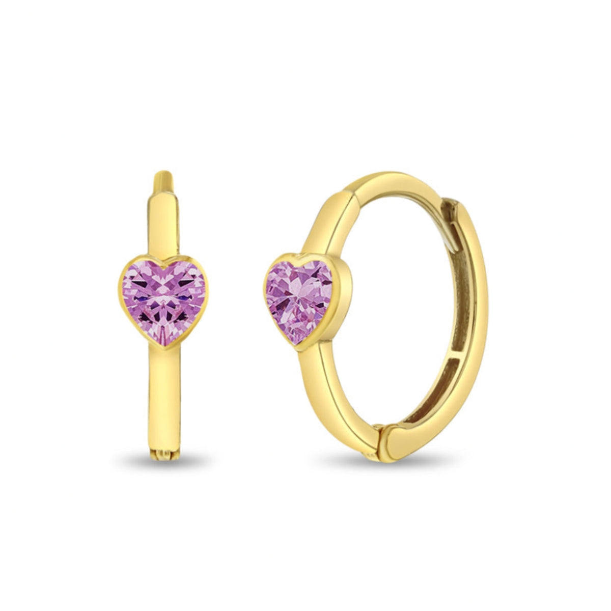 14k yellow gold huggie earrings with pink cubic zirconia heart for kids and little girls dainty gold heart huggies Bijoux Babes Mama Bijoux Costa Mesa