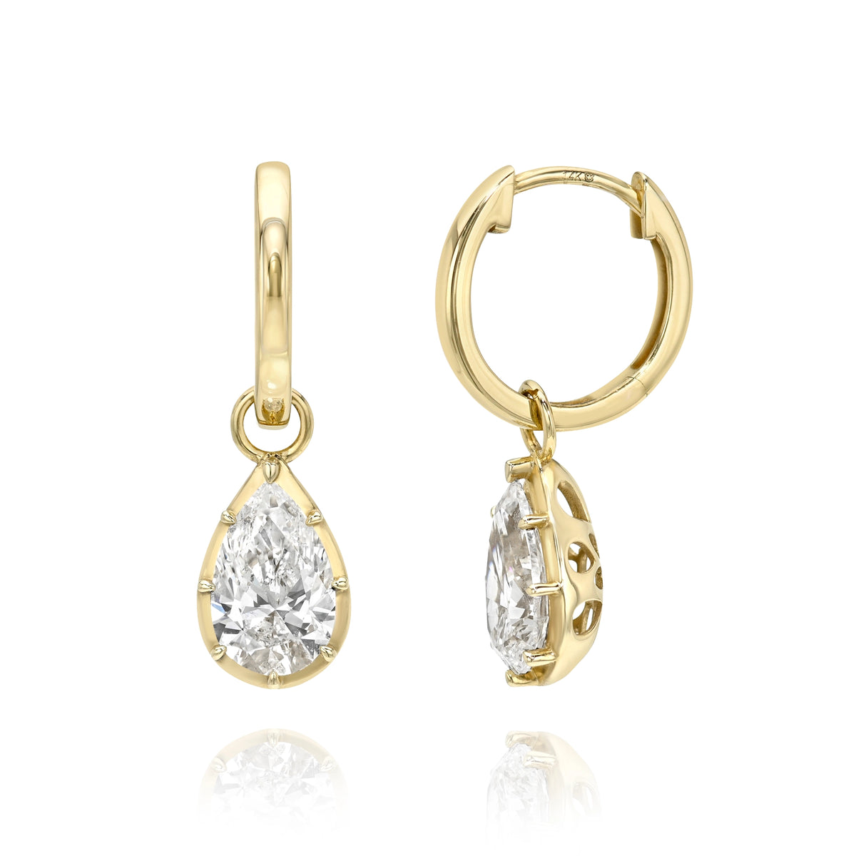 14k yellow gold pear drop huggie earrings with Georgian-set lab diamond