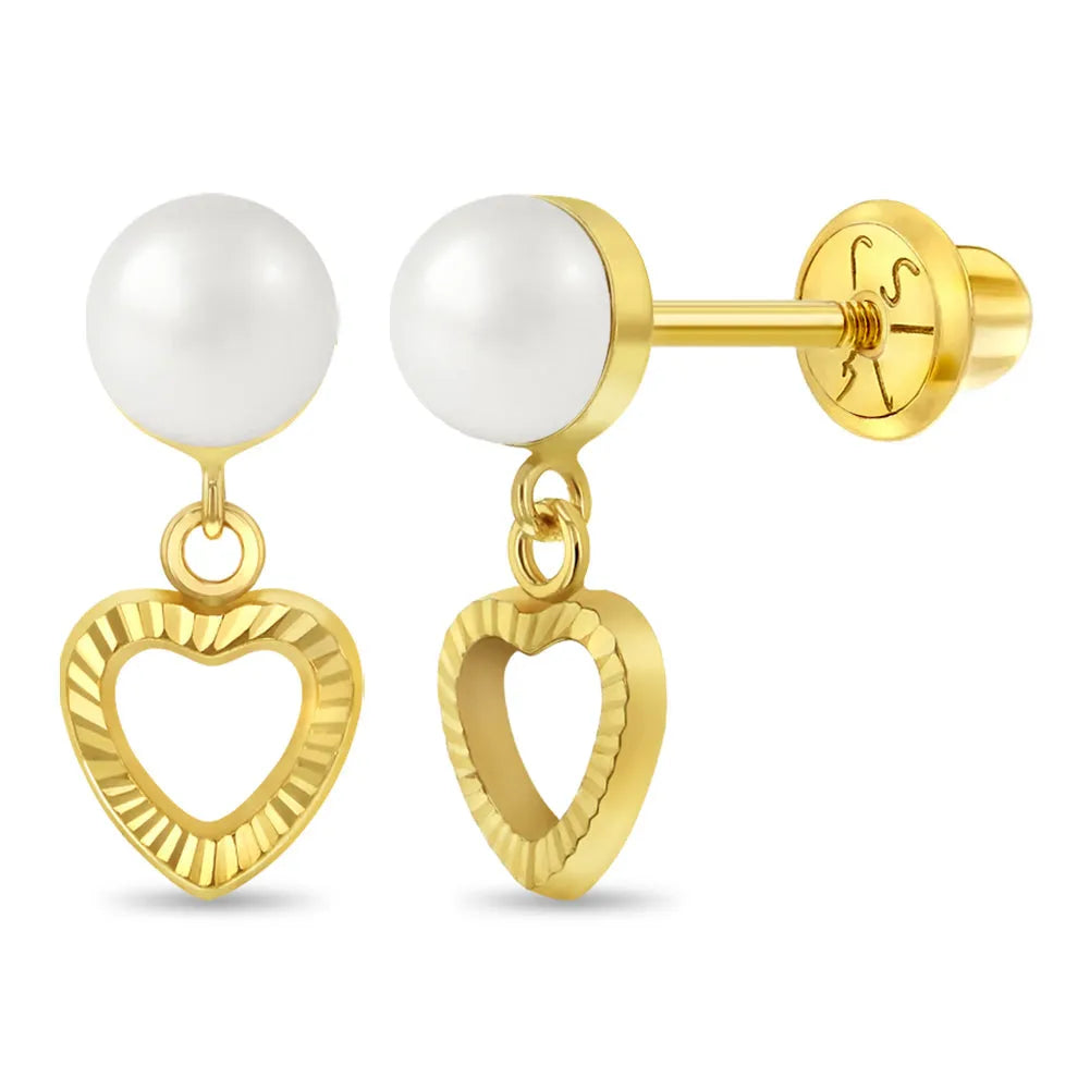Bijoux Babes: 14K Gold Pearl Heart Dangle Earrings-Mama Bijoux