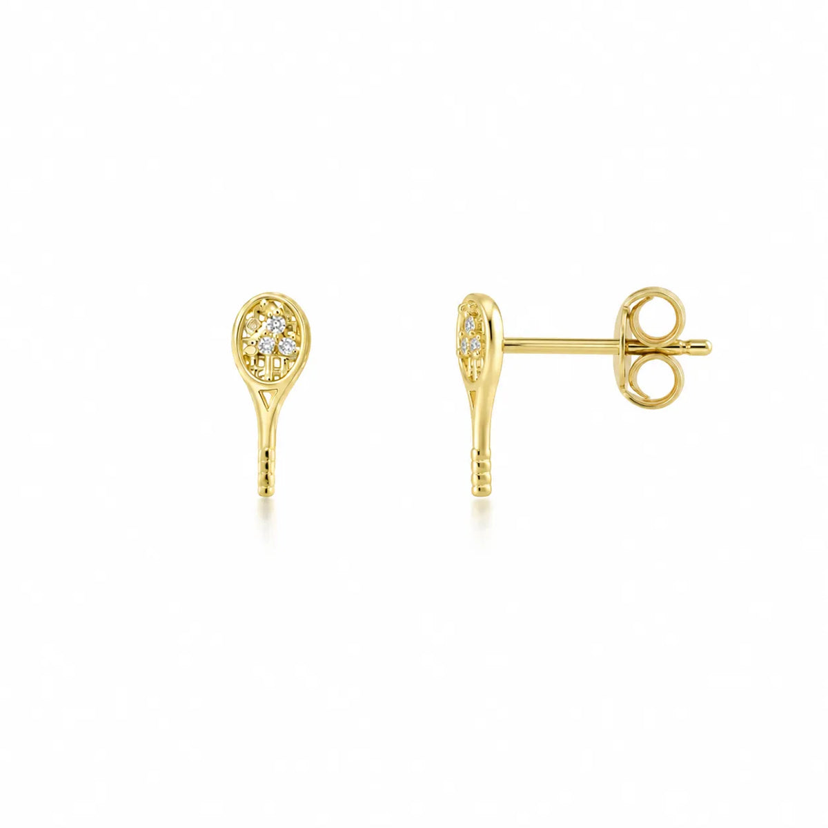 14k yellow gold round brilliant cut diamond stud earrings, flatlay on white background, Mama Bijoux Costa Mesa Orange County fine jewelry