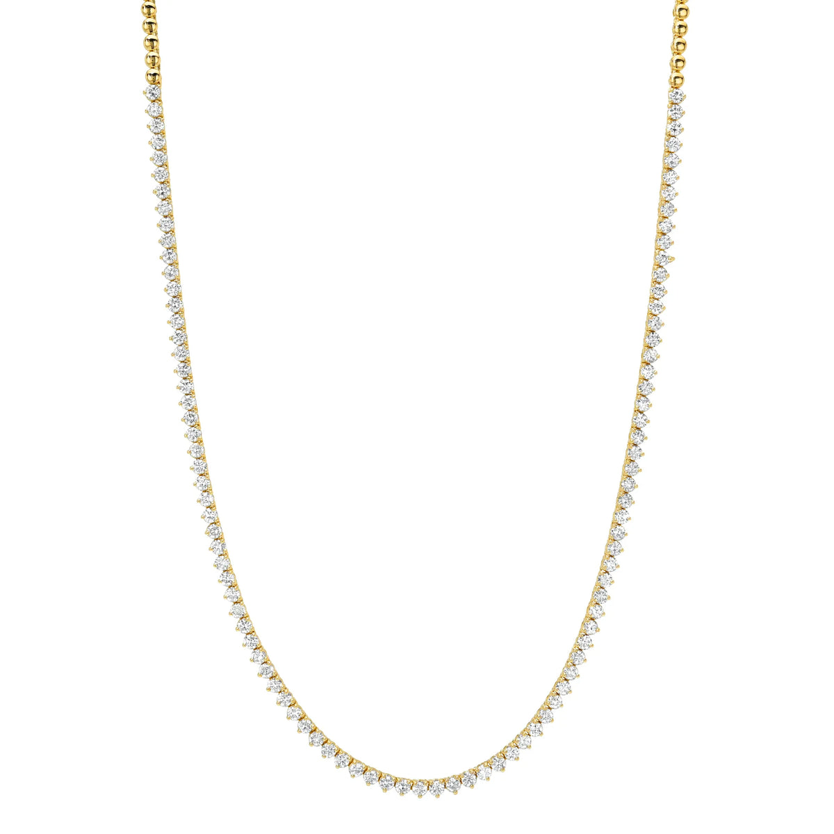 14k yellow gold three prong diamond tennis necklace, flatlay on white background, Mama Bijoux Costa Mesa Orange County fine jewelry