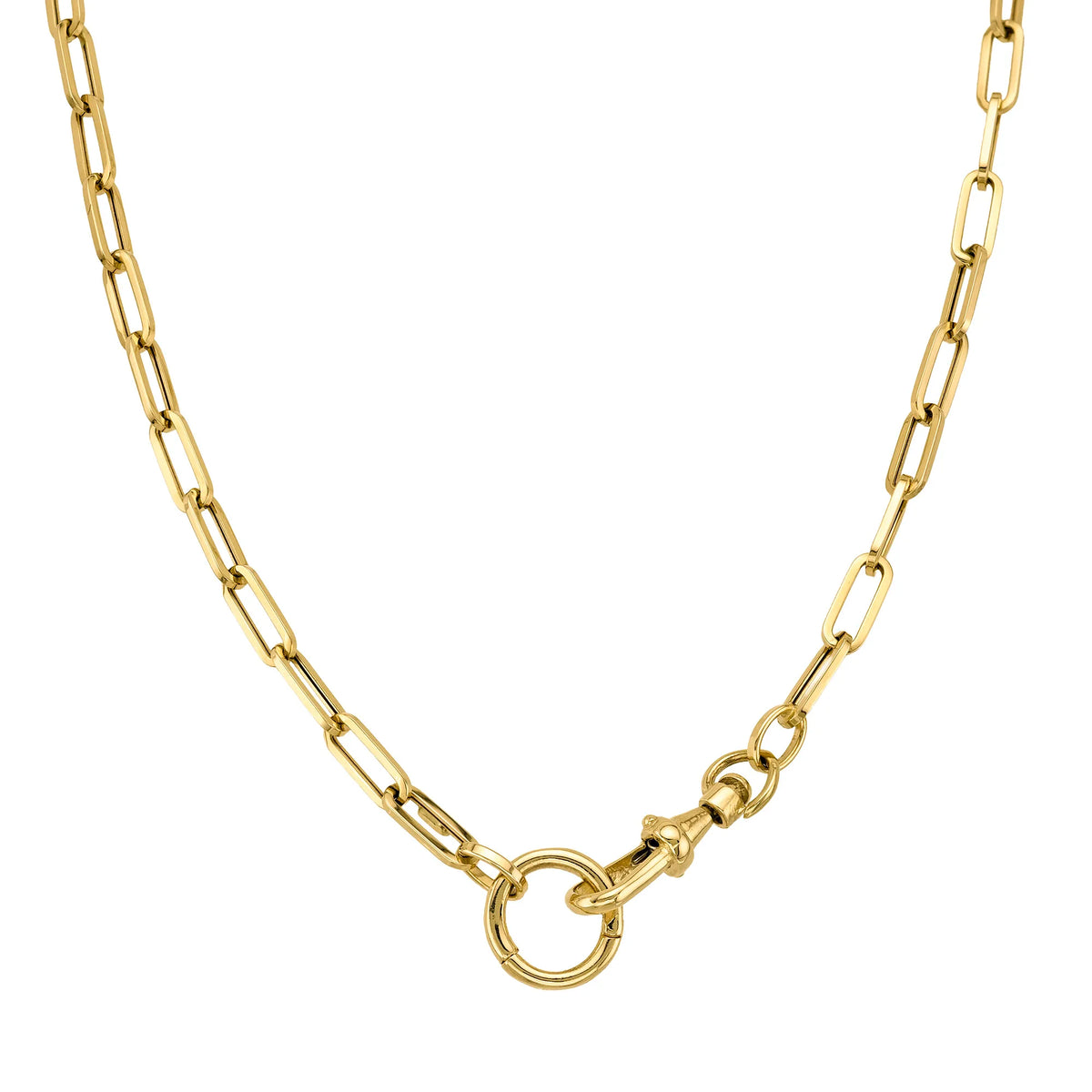 14k yellow gold paperclip link chain necklace with swivel lock enhancer clasp, flatlay on white background, Mama Bijoux Costa Mesa Orange County fine jewelry