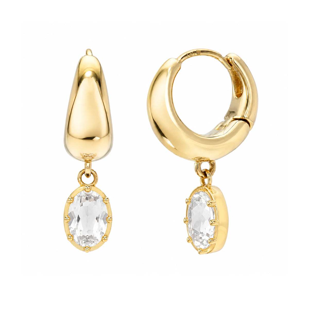 14k yellow gold chunky huggie hoop earrings with oval white topaz drop, flatlay on white background, Mama Bijoux Costa Mesa Orange County fine jewelry