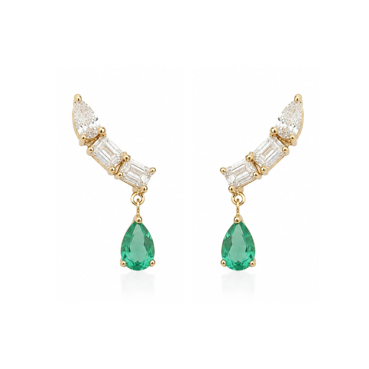 14k yellow gold ear crawler with three lab grown diamonds and pear cut lab emerald drop, fine jewelry by Mama Bijoux Costa Mesa