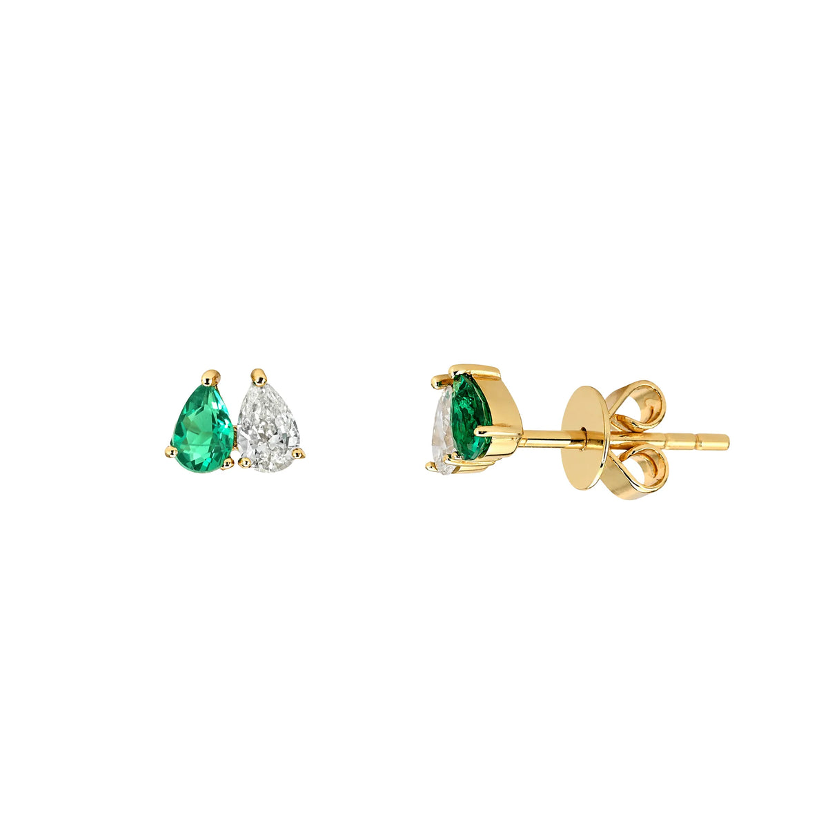 14k yellow gold pear cut lab diamond and lab emerald stud earrings sold as singles, fine jewelry by Mama Bijoux Costa Mesa