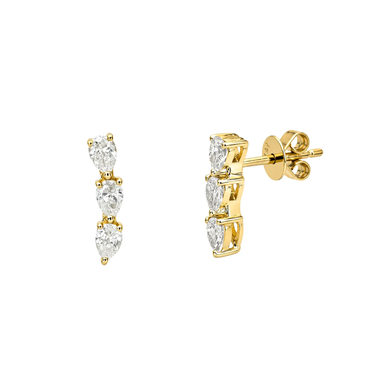 14k yellow gold three stone pear diamond ear crawler, sold as singles, fine jewelry by Mama Bijoux Costa Mesa