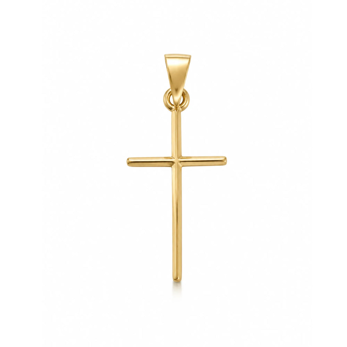 14k solid gold dainty cross charm pendant on white background, handmade fine jewelry by Mama Bijoux Costa Mesa Orange County