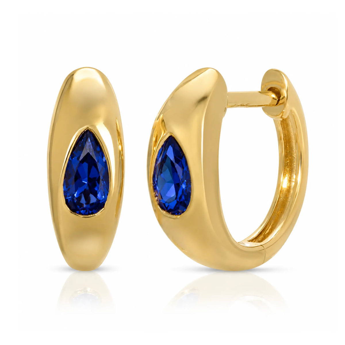 14k yellow gold huggie hoop earrings with bezel-set pear shape natural blue sapphire inlay, handmade jewelry by Mama Bijoux Costa Mesa Orange County