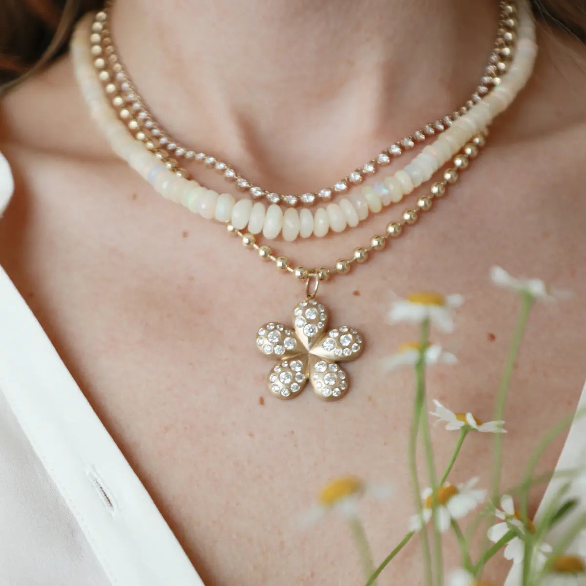 Graduated Opal Beaded Necklace-Mama Bijoux