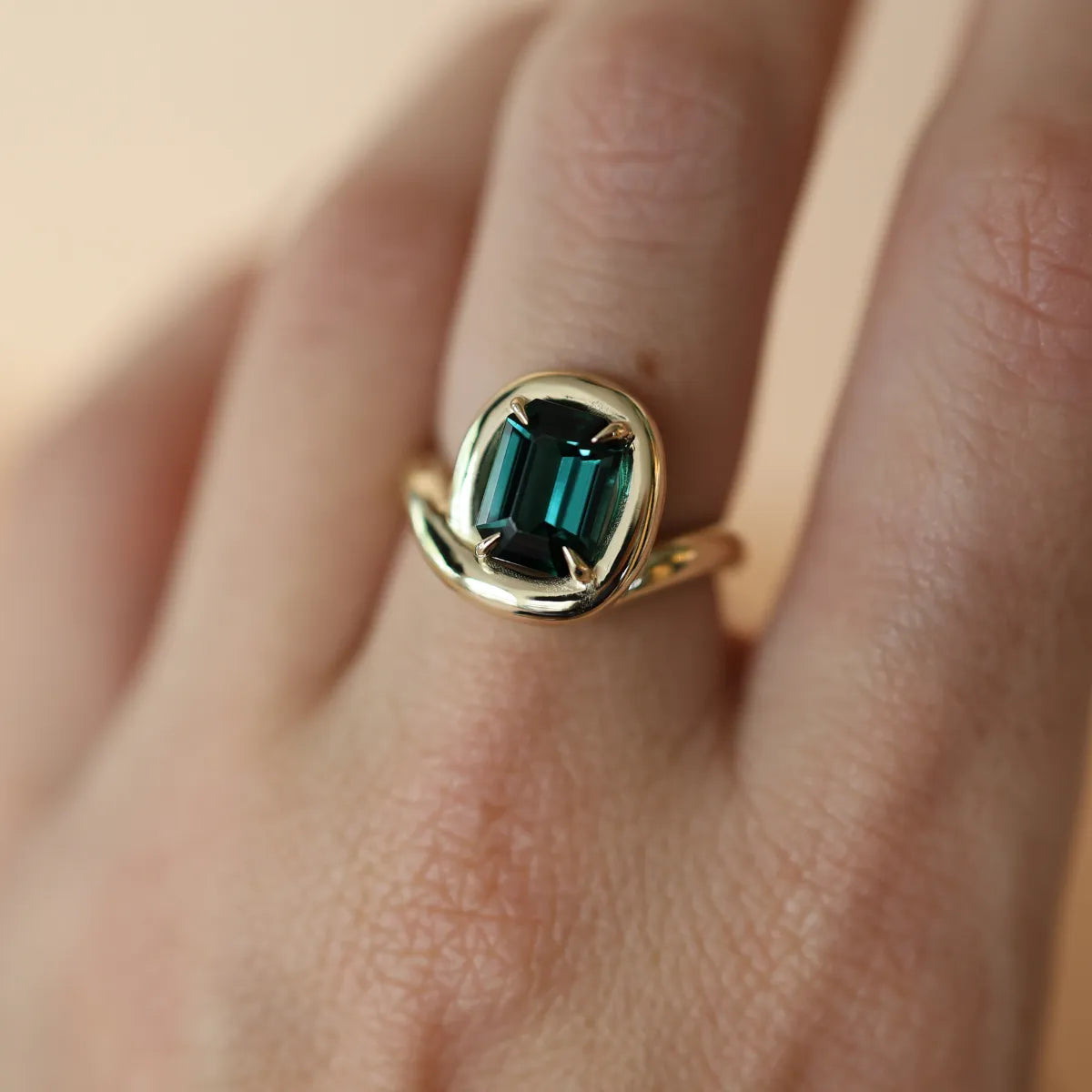 Emerald Cut Green Tourmaline Swirl Ring-Rings-Mama Bijoux