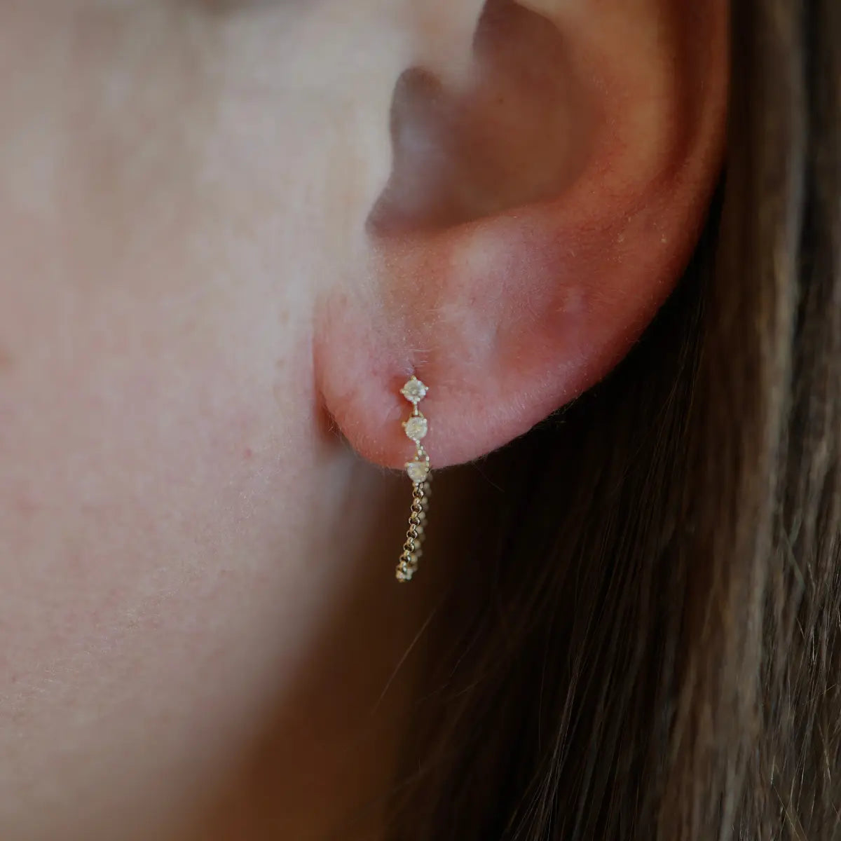 Three Diamond Drop Chain Stud (Sold as Singles)-Earrings-Mama Bijoux