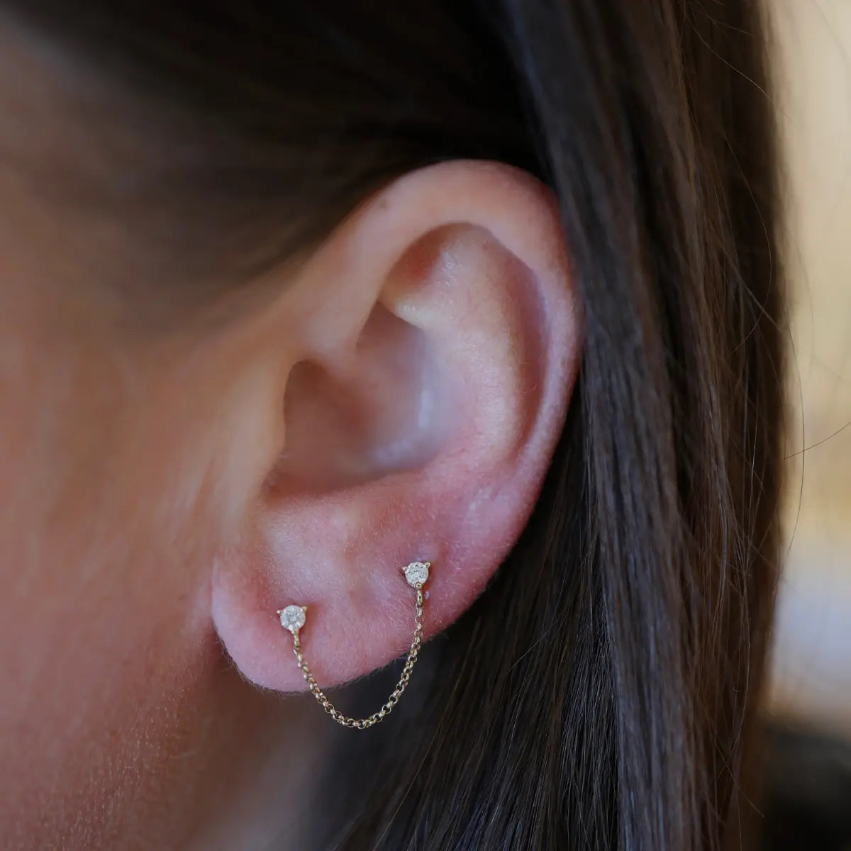 Single Diamond Stud & Chain Double Piercing Earring (Sold as Singles)-Earrings-Mama Bijoux