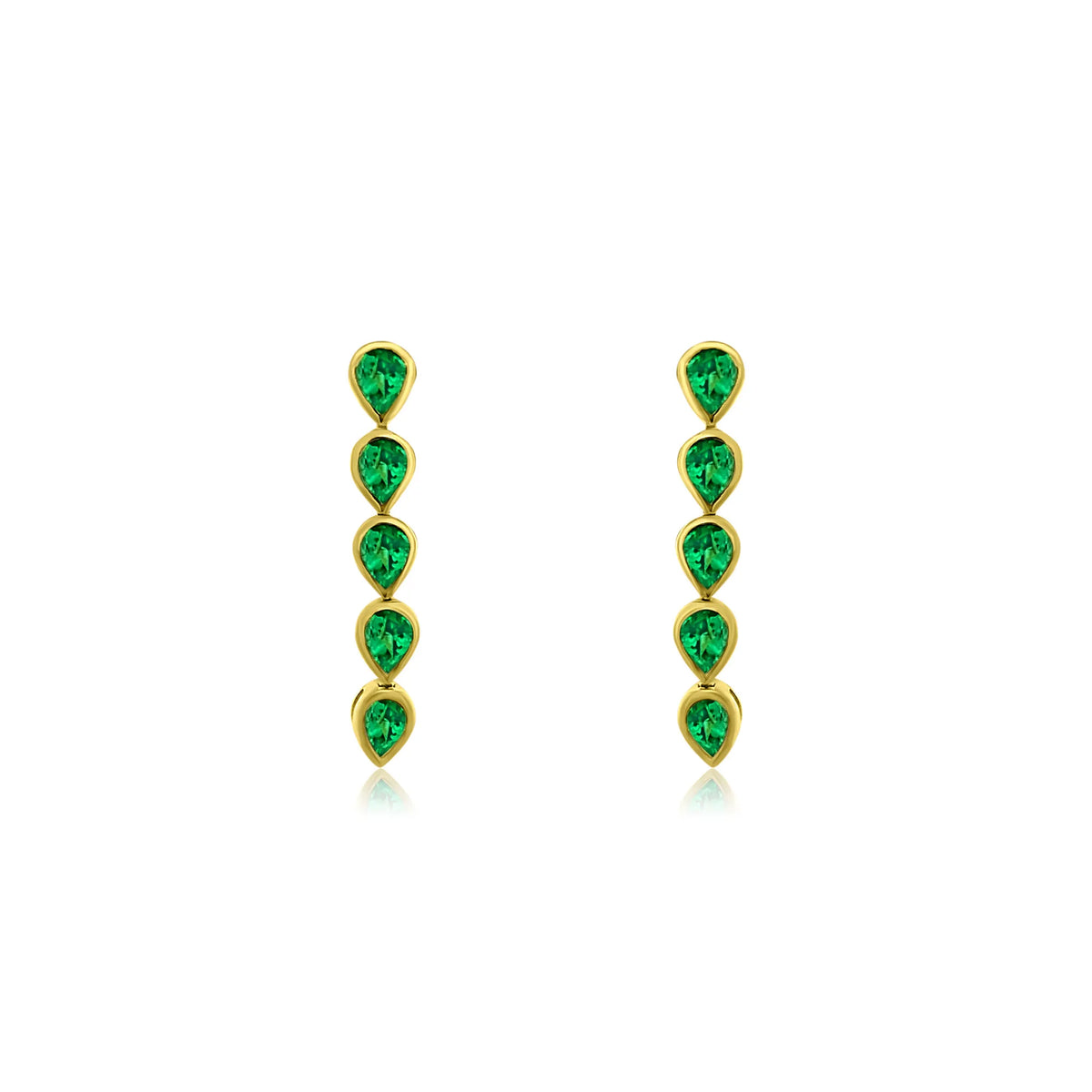 14k gold bezeled emerald pear statement drop earrings with 1.38ct natural emeralds in graduated bezel setting, fine jewelry by Mama Bijoux Costa Mesa