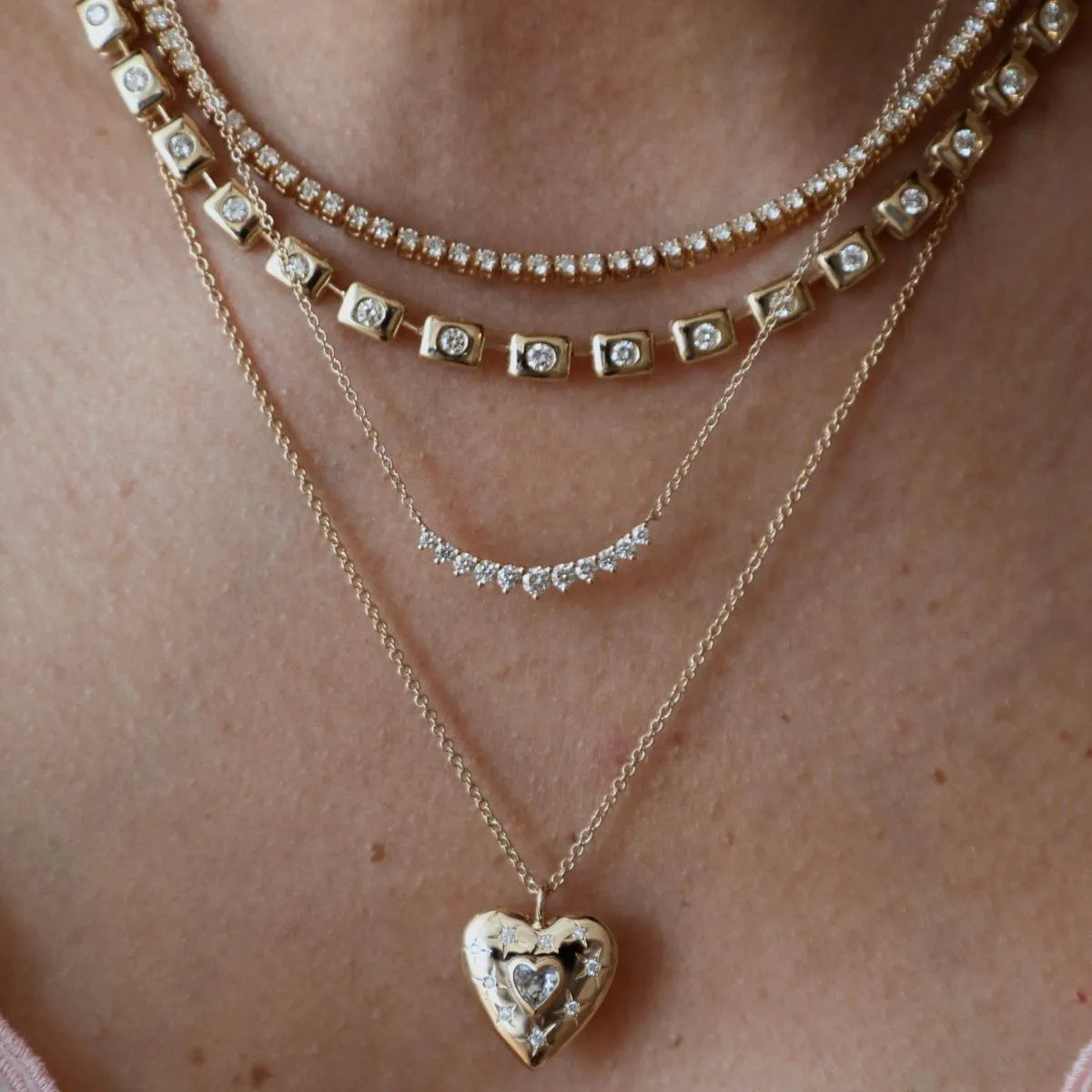 Puffy Star Diamond & White Topaz Heart Necklace-Necklaces-Mama Bijoux