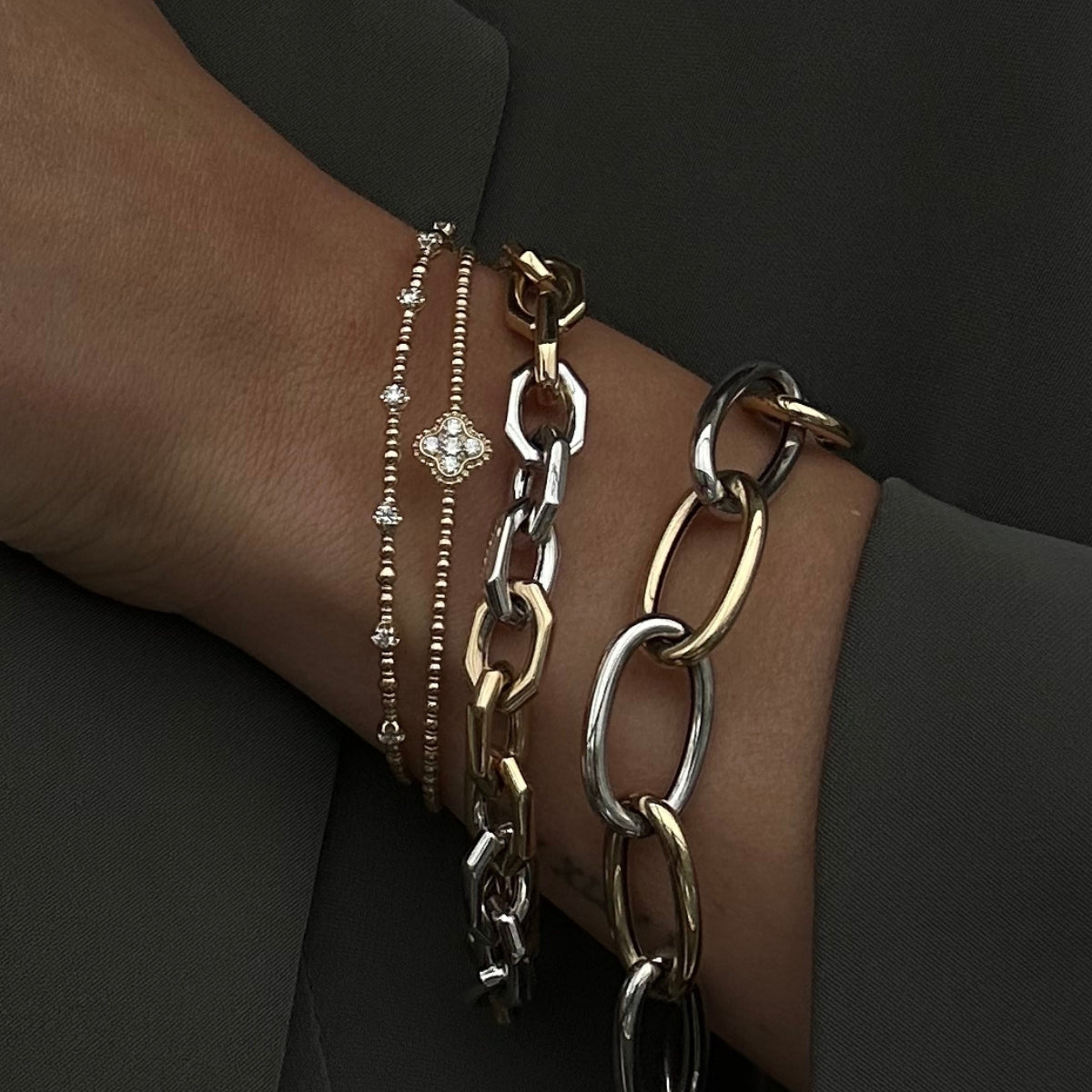 Beaded Diamond Station Flexible Bangle — Bracelets — Mama Bijoux fine jewelry