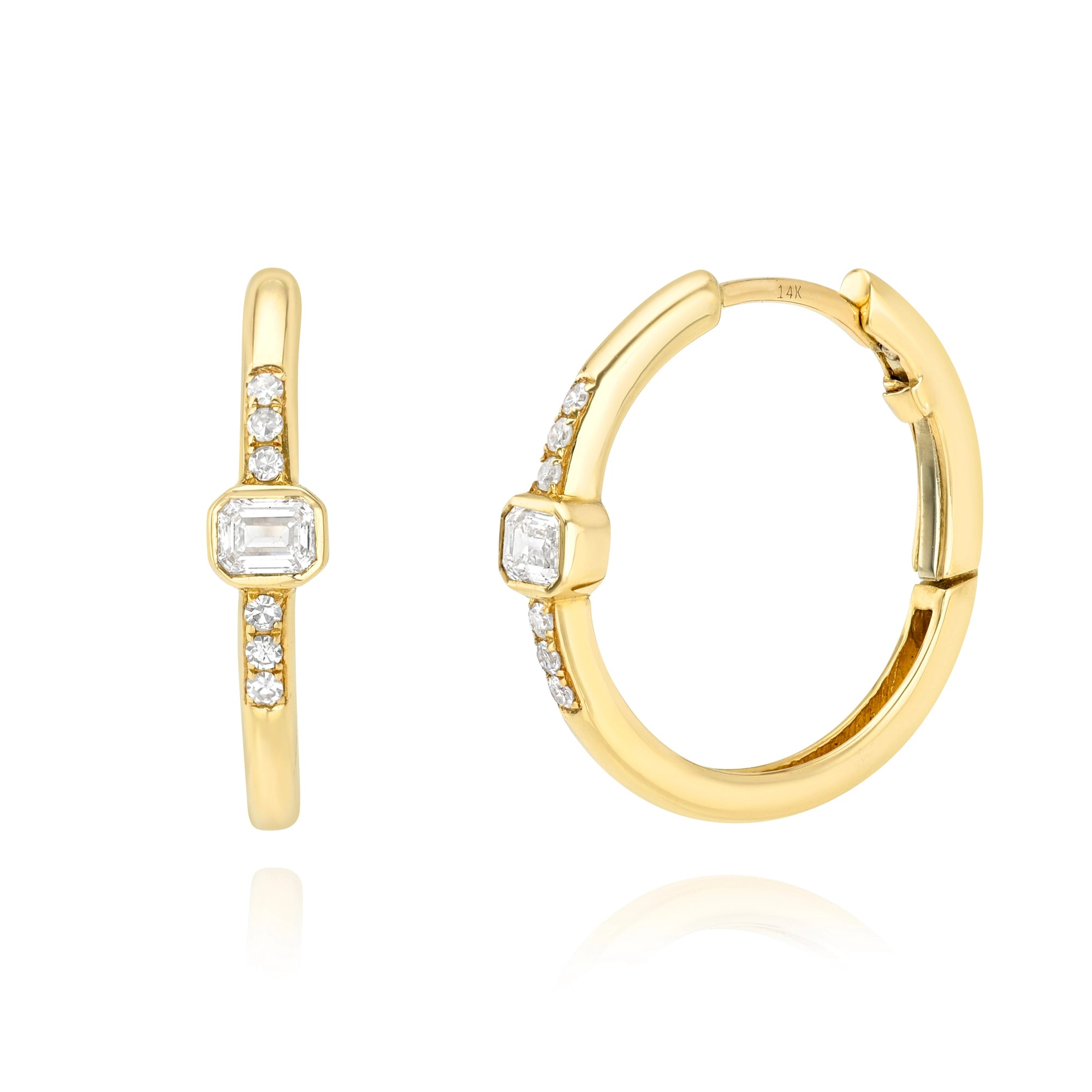 Bezeled Emerald Cut Diamond Hoops Mama Bijoux Fine Jewelry 14k yellow gold natural diamonds