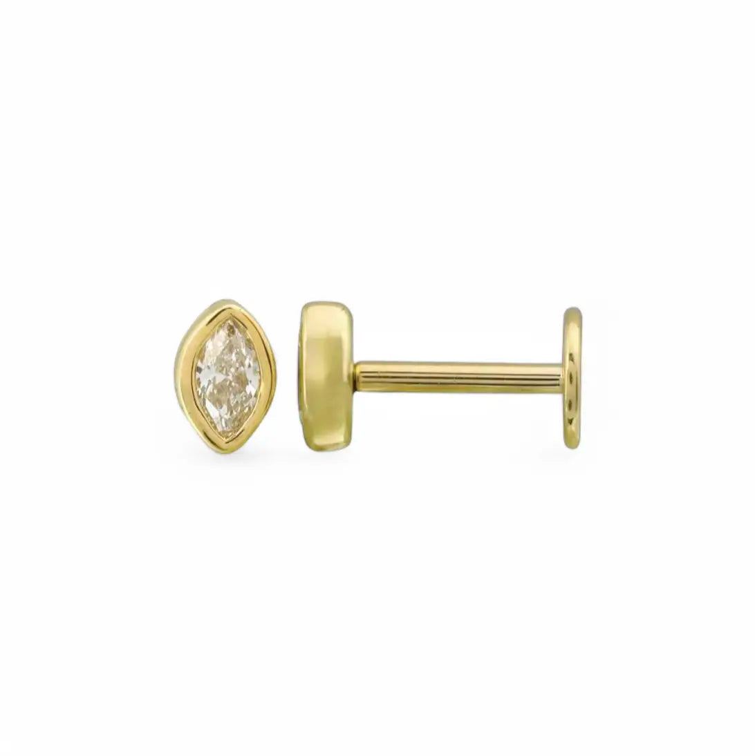 Bezeled Marquise Diamond Stud Earrings - Flat Back 14k yellow gold Natural Diamond Mama Bijoux Fine Jewelry