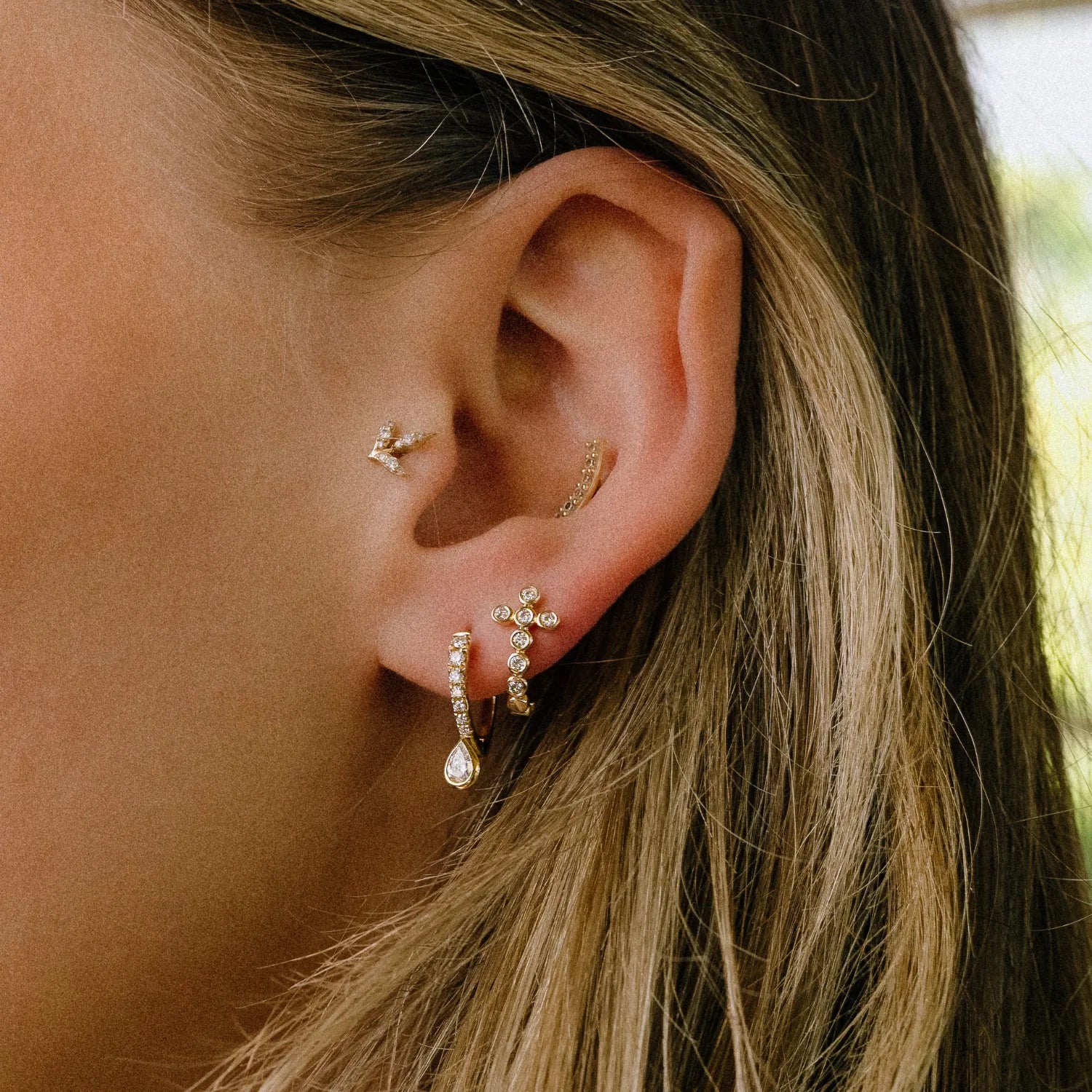 Bezeled Pear & Diamond Teardrop Huggies-Earrings-Mama Bijoux