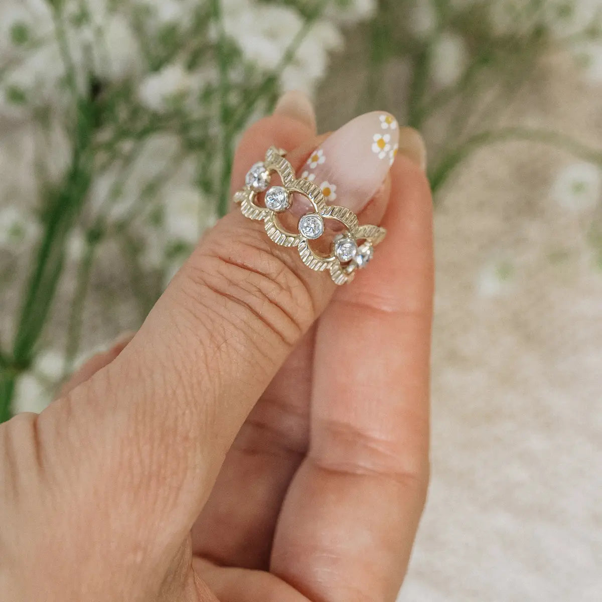 Bijoux's Diamond Lace Ring 14k yellow gold, Mama Bijoux Fine Jewelry, natural bezel-set diamonds
