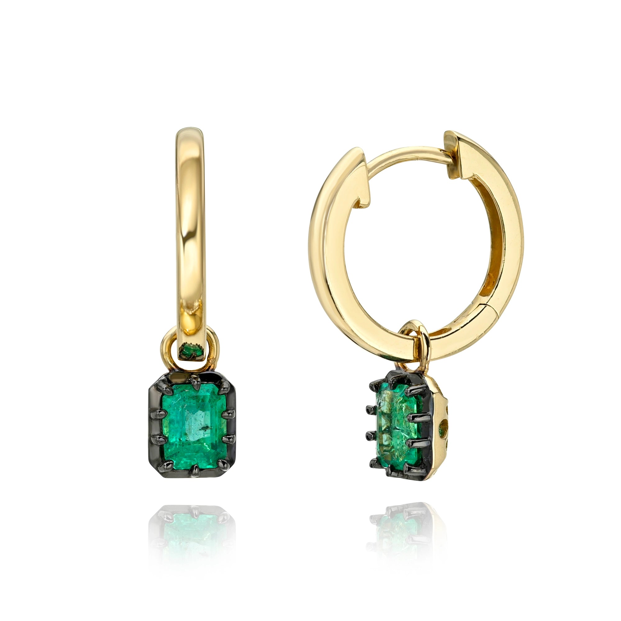 Black Rhodium and Emerald Charm Huggies Mama Bijoux Fine Jewelry 14k yellow gold natural emeralds