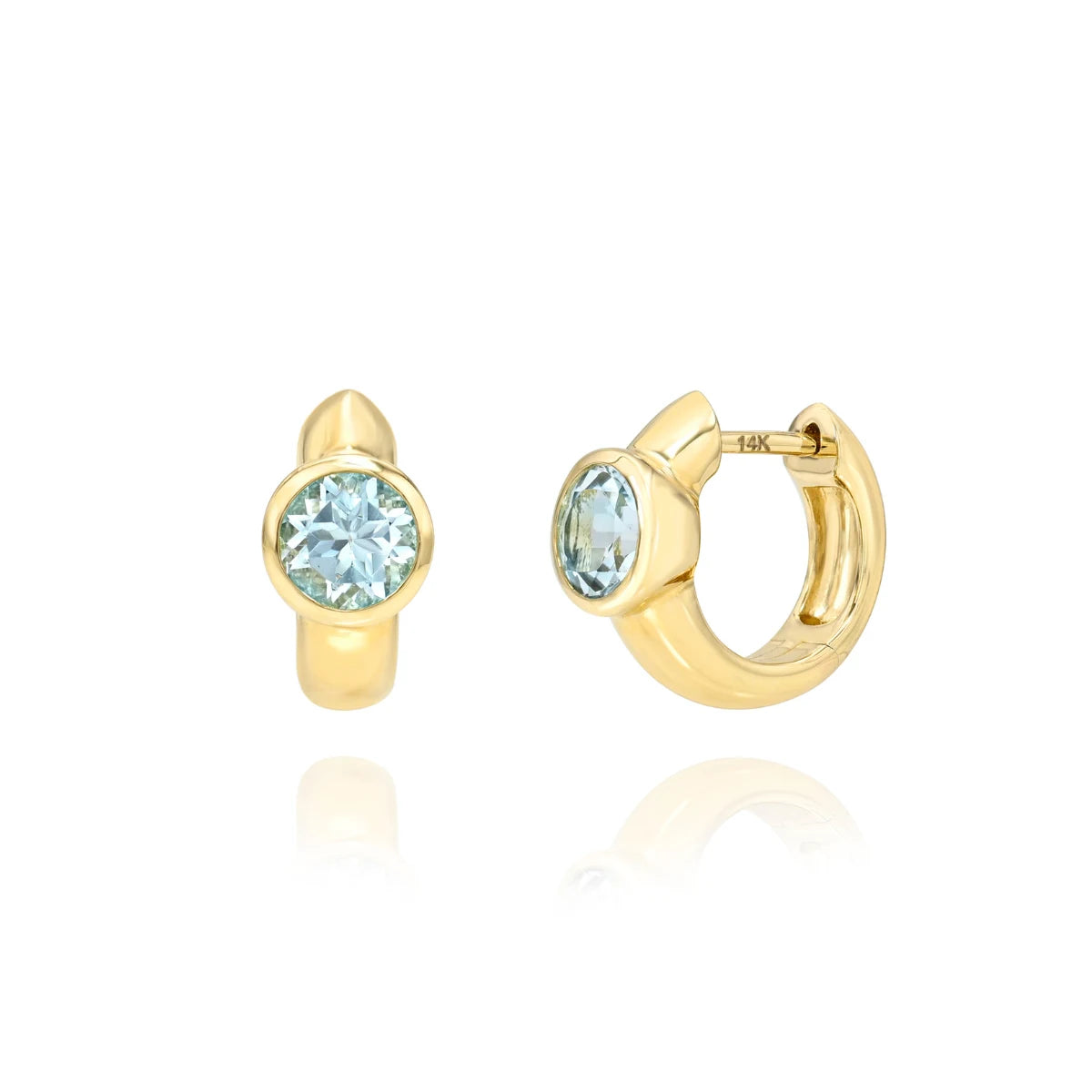Natural Blue Topaz Chunky Huggies 14k yellow gold, Mama Bijoux Fine Jewelry