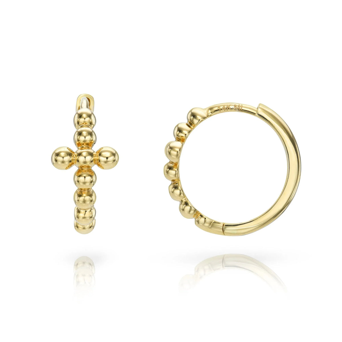14k solid gold bubble cross huggie earrings on white background โ Mama Bijoux