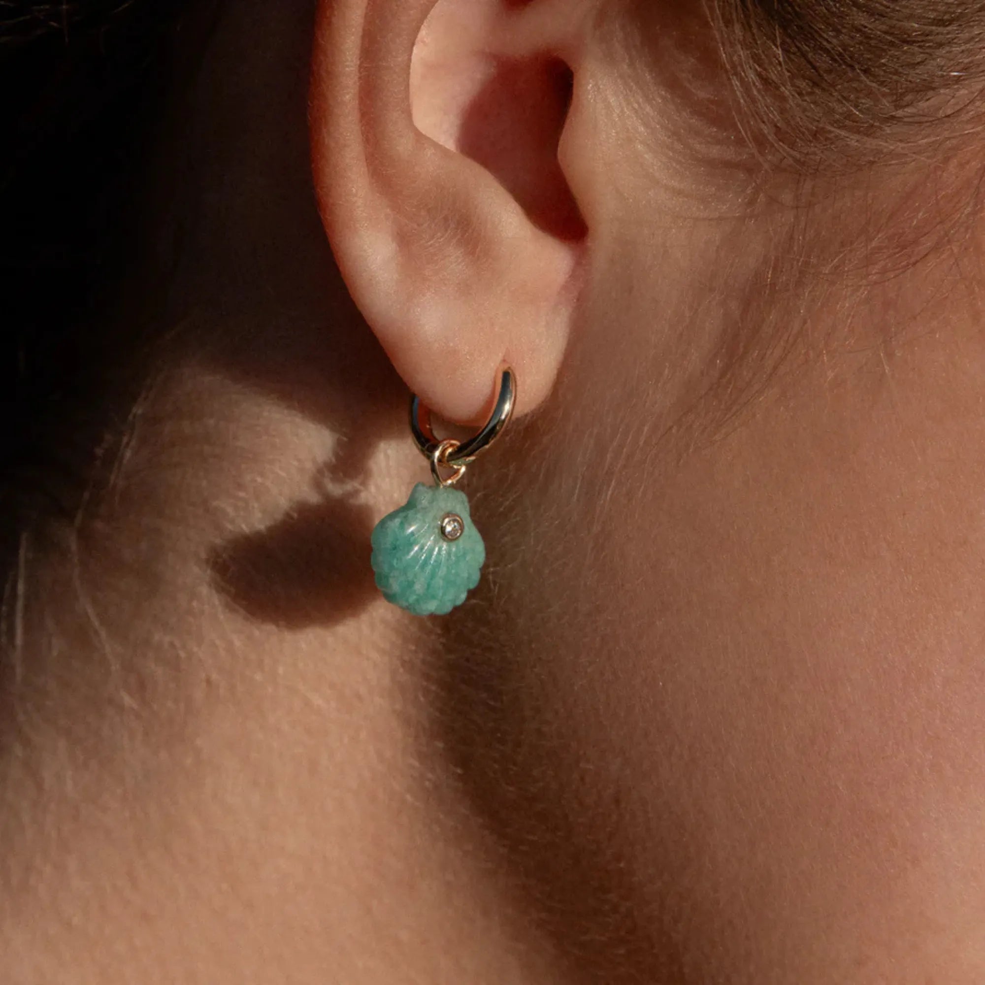 amazonite shell earrings on an ear