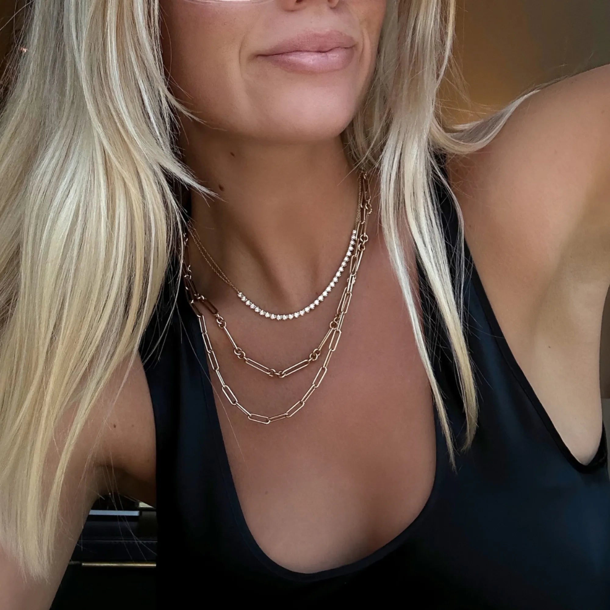 cupcake diamond and chain half tennis necklace 14k yellow gold layered necklace lifestyle mama bijoux