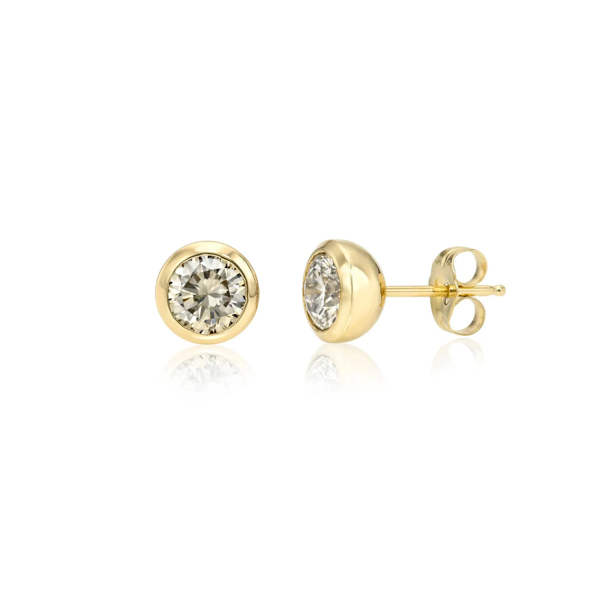 Custom Setting Pillow Bezel Studs 14k yellow gold, mama bijoux fine jewelry, natural bezel set diamond
