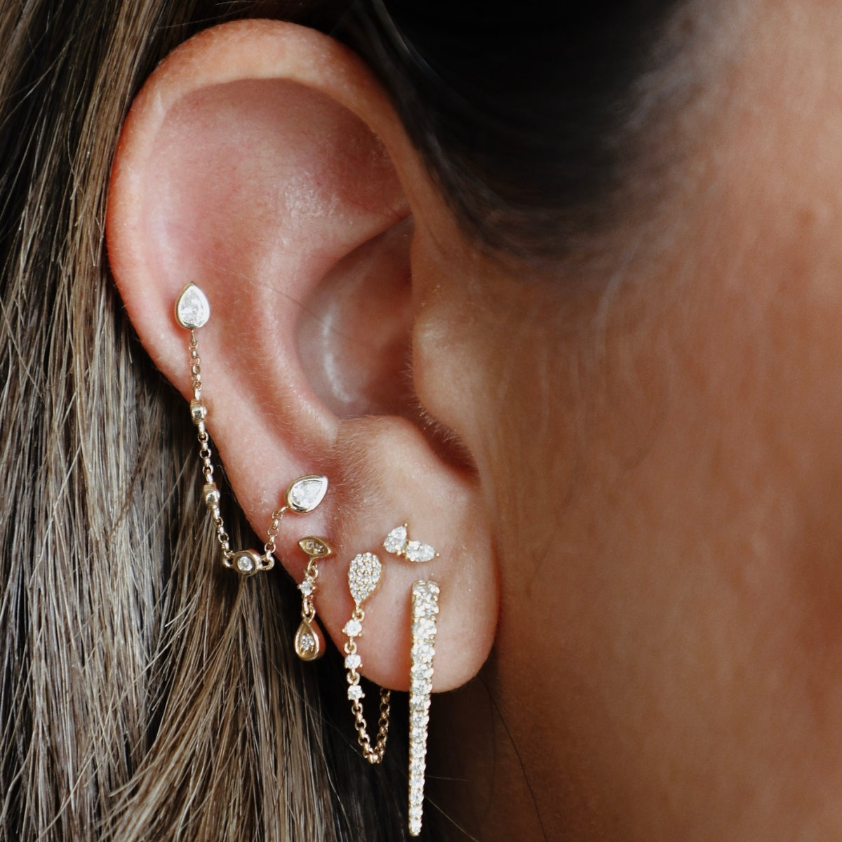 Diamond Pear Chain Studs (Sold as Singles) — Earrings — Mama Bijoux fine jewelry