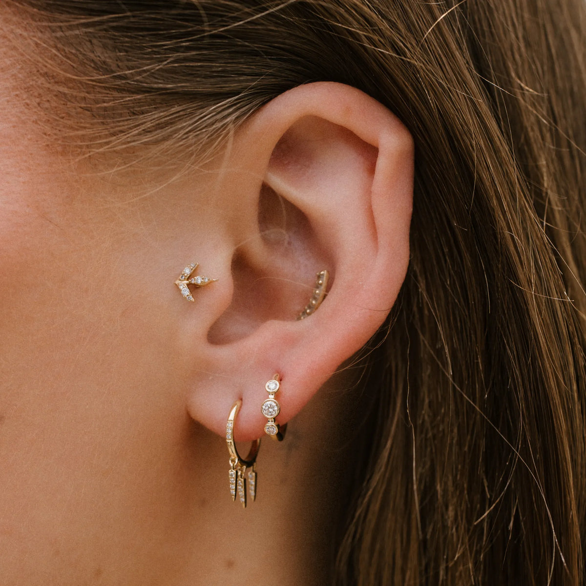 14k yellow gold diamond dagger shaker earrings, huggie hoops with dagger drops, dainty diamond earrings by Mama Bijoux, Costa Mesa Orange County jewelry