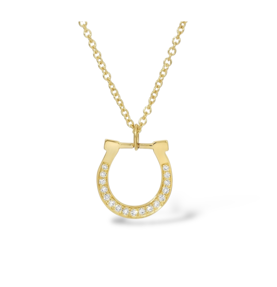 Necklace featuring horseshoe pendant with pavé diamonds Mama Bijoux Fine Jewelry 14k Yellow Gold