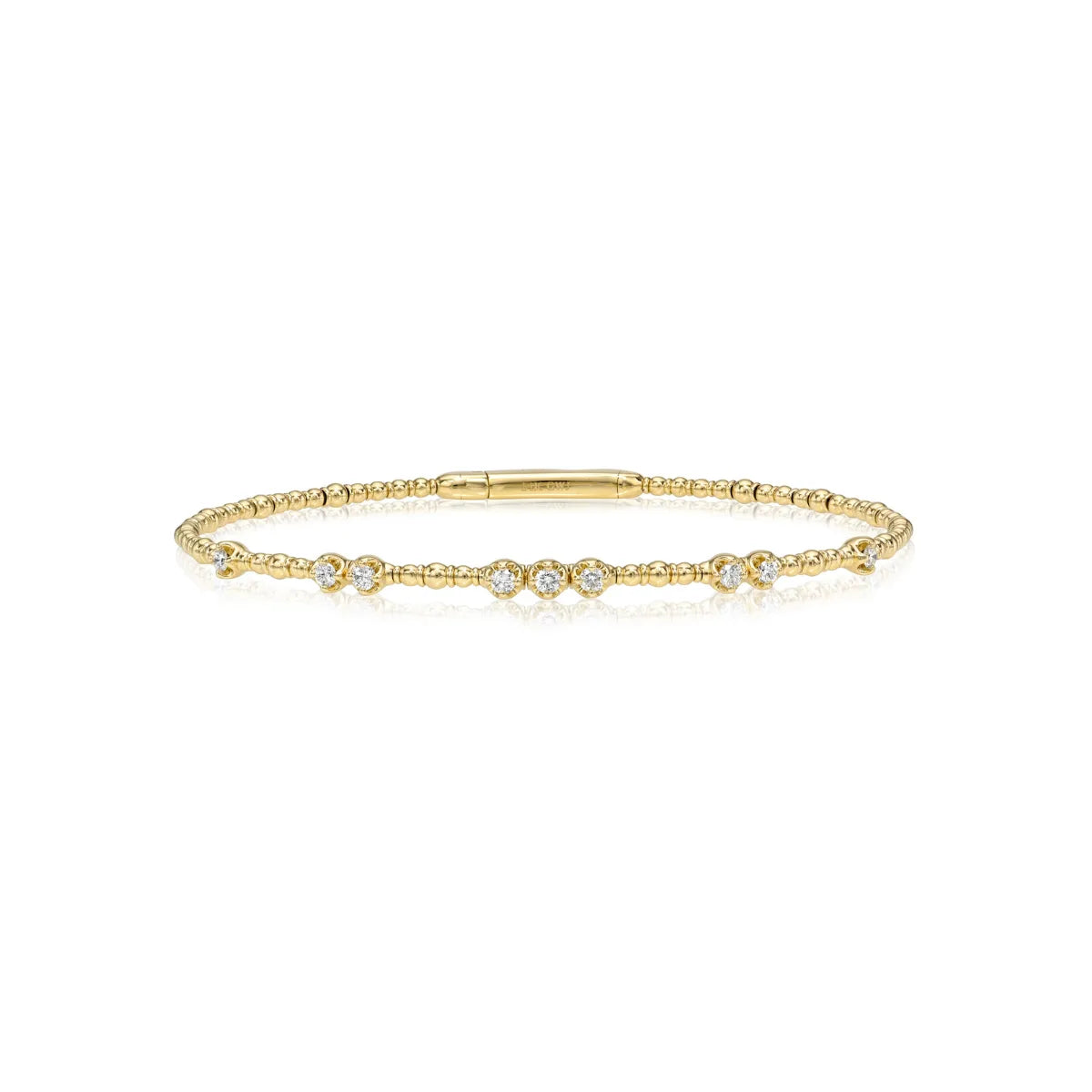 14k yellow gold, Diamond Trio Stations & Gold Bead Flexible Bangle, natural diamonds, Mama Bijoux Fine Jewelry