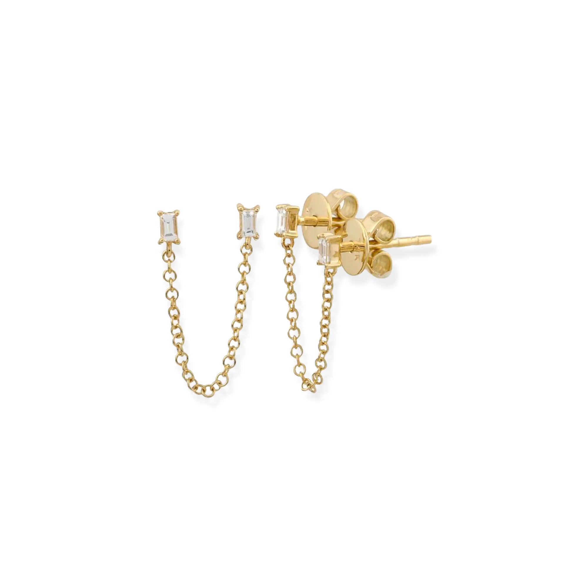 Double Baguette & Chain Stud Earrings (Sold As Singles) — Earrings — Mama Bijoux fine jewelry