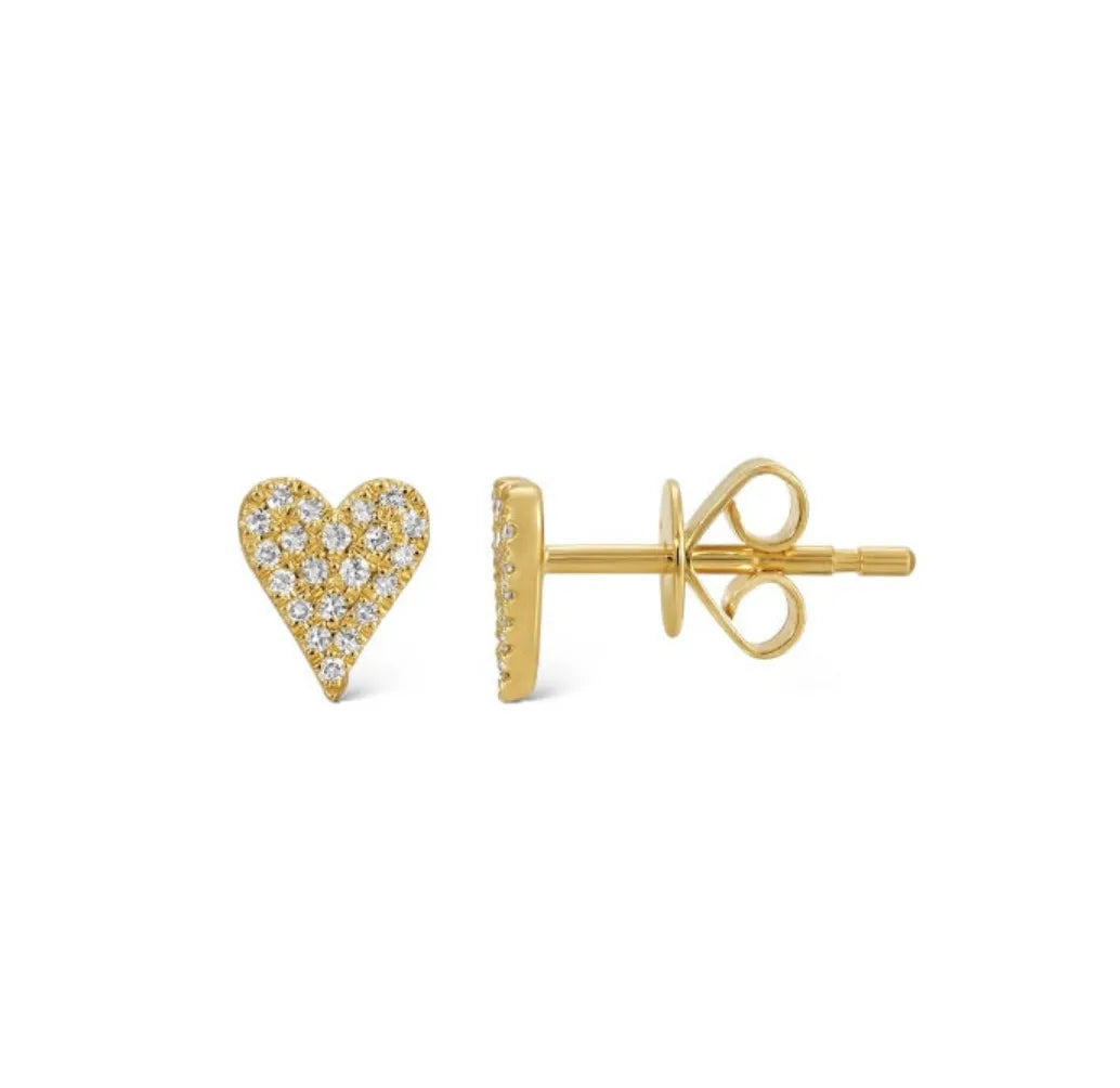 Pavé Diamond Heart Shaped Stud Earrings Mama Bijoux Fine Jewelry 14k Yellow Gold