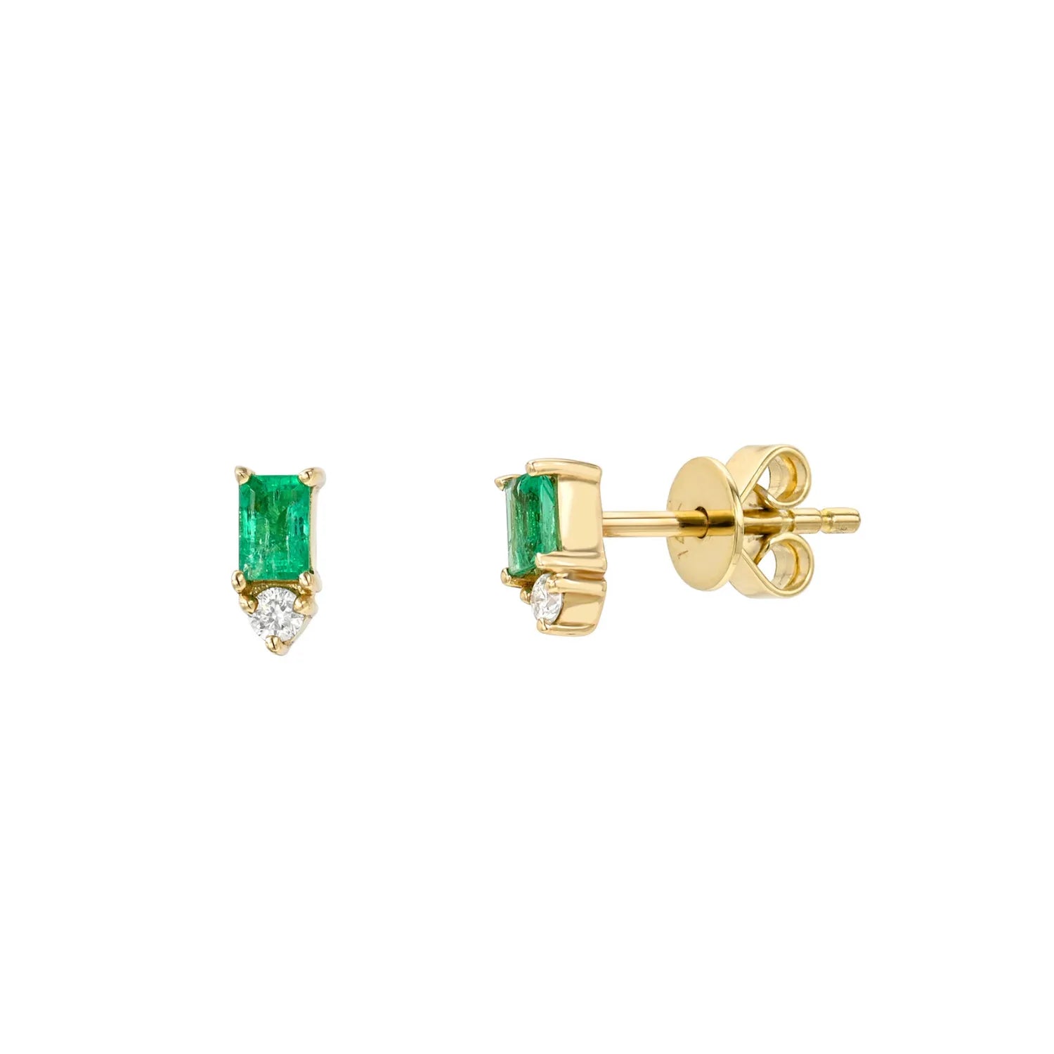 Gold earrings with emerald and diamond stones on a white background