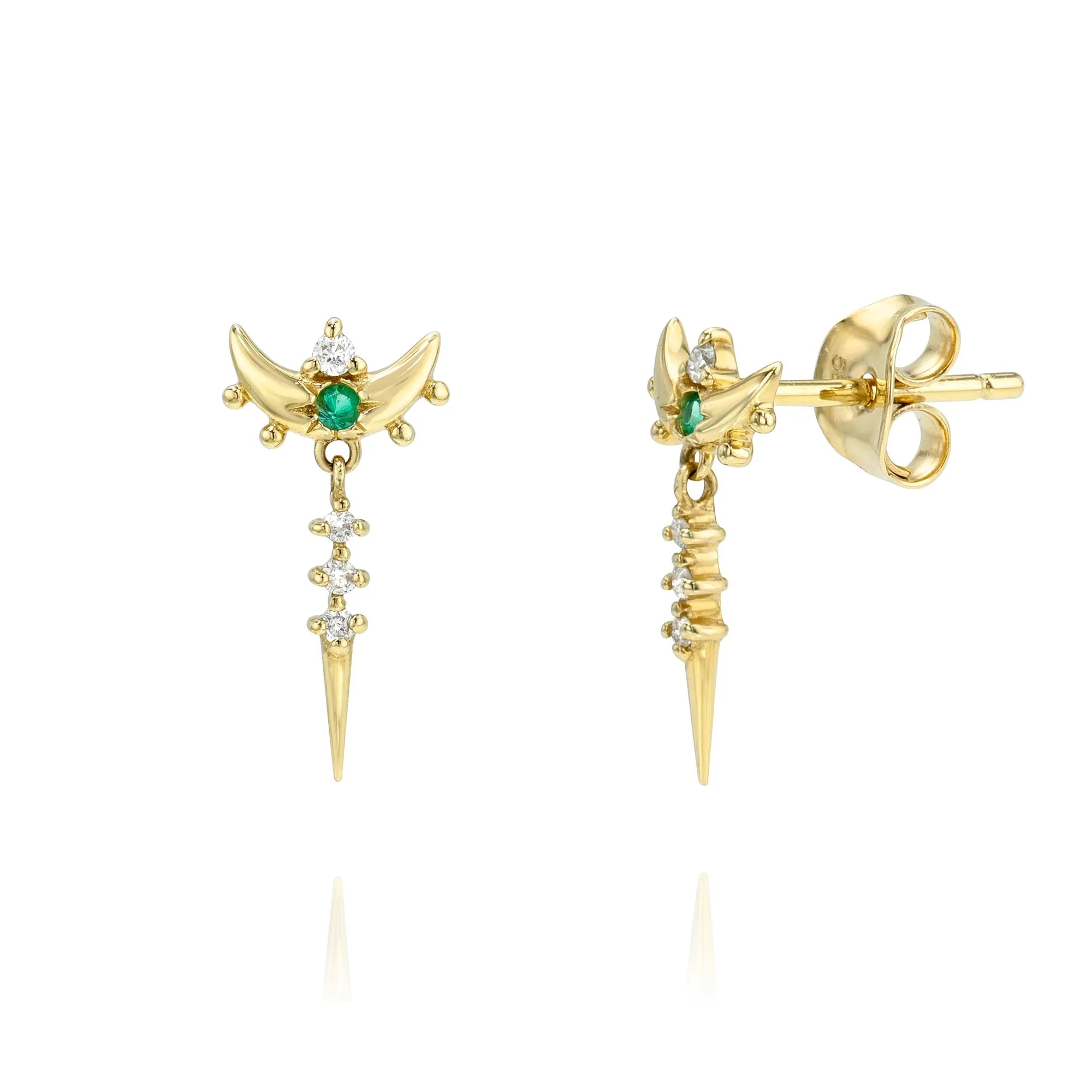 Emerald & Diamond Wing Spike Drop Stud-Earrings-Mama Bijoux