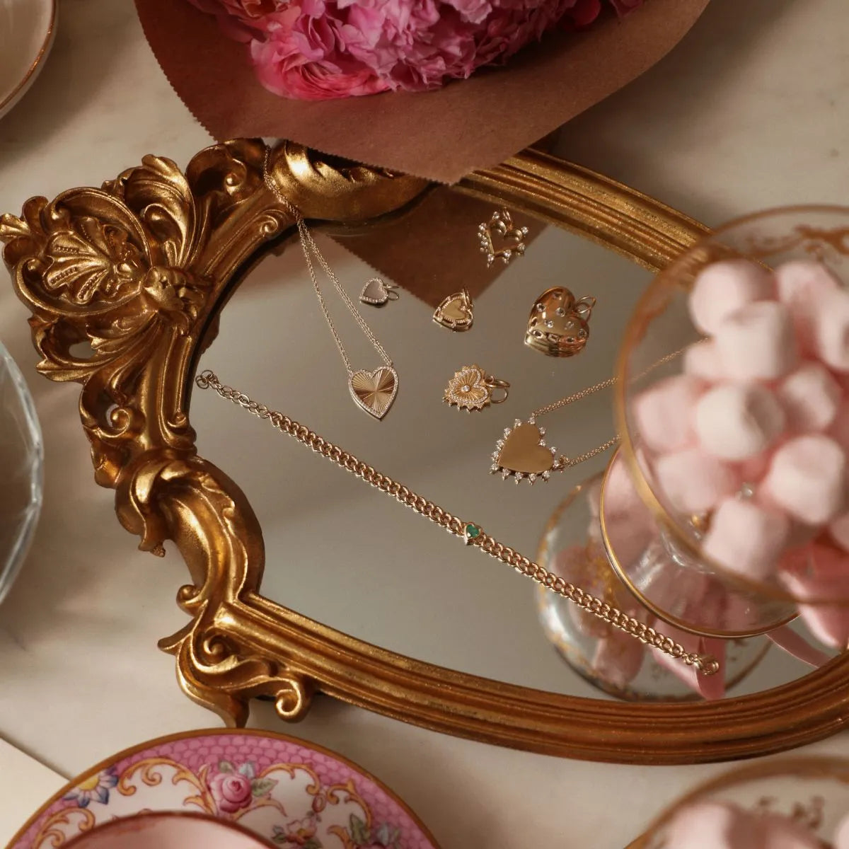 14k gold diamond heart necklace displayed on vintage mirror tray, everyday fine jewelry Mama Bijoux Orange County