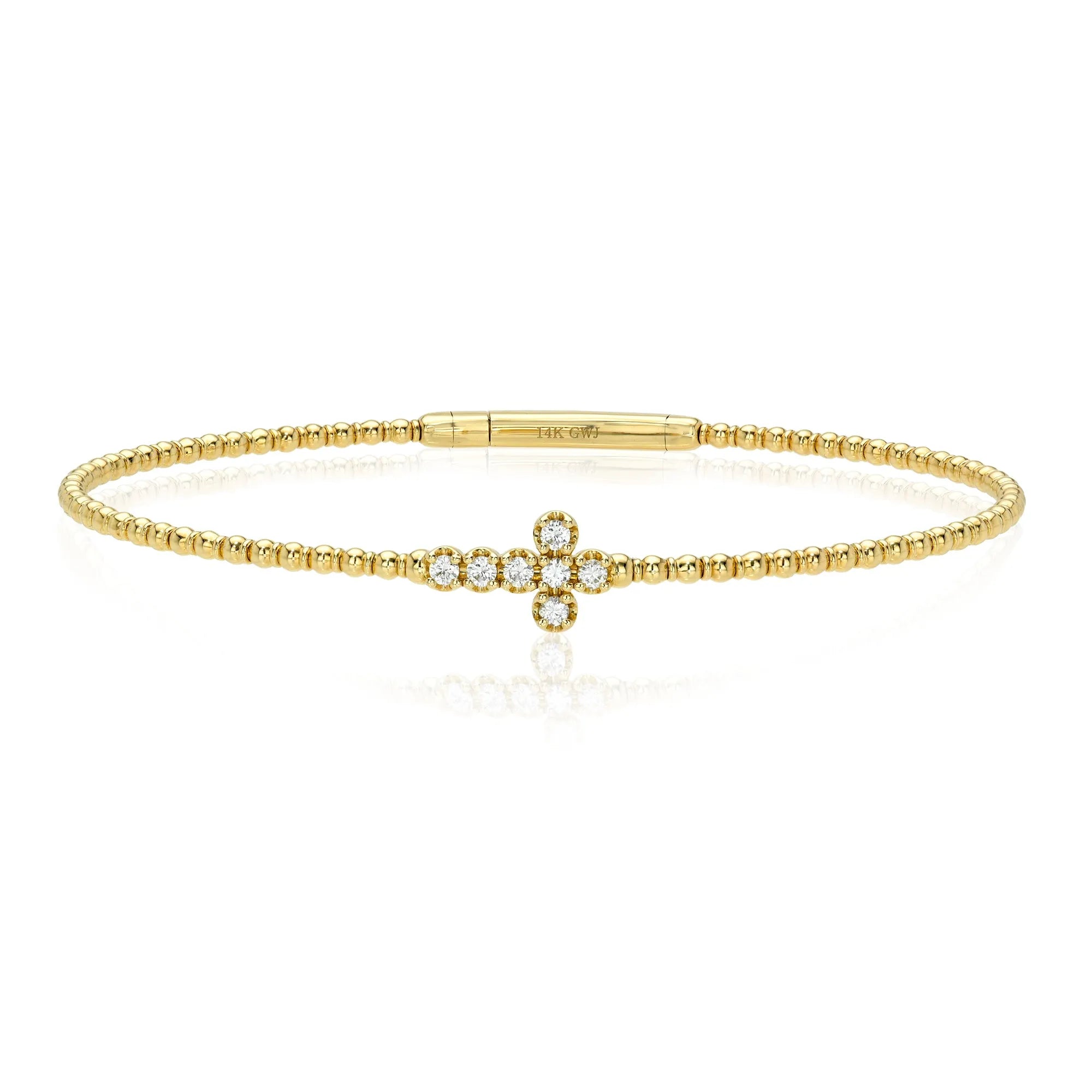 Flexible Diamond Cross & Gold Bead Bangle-Bracelets-Mama Bijoux