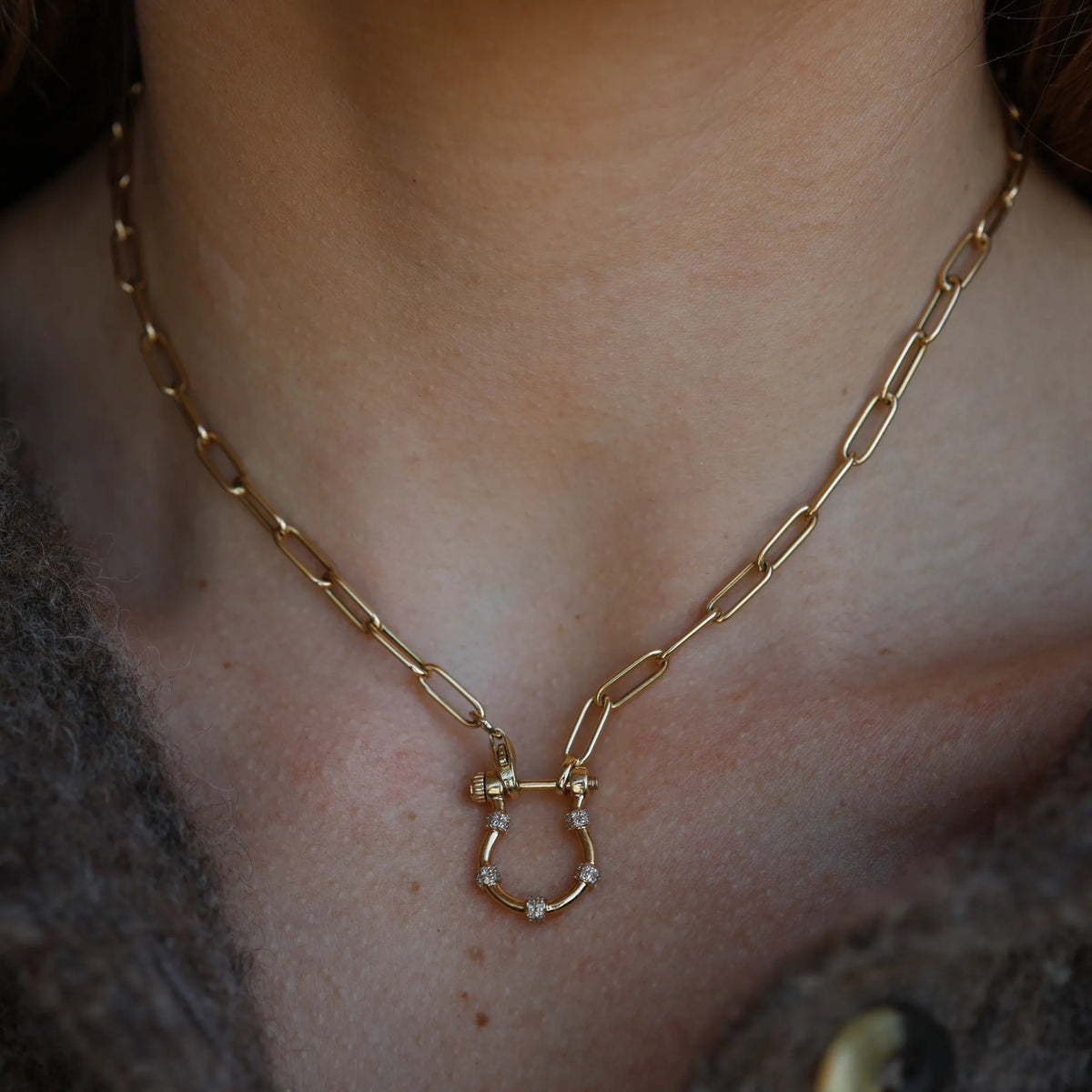 Gold and diamond charm holder on a delicate chain necklace, 14k yellow gold, Mama Bijoux Costa Mesa Orange County jewelry
