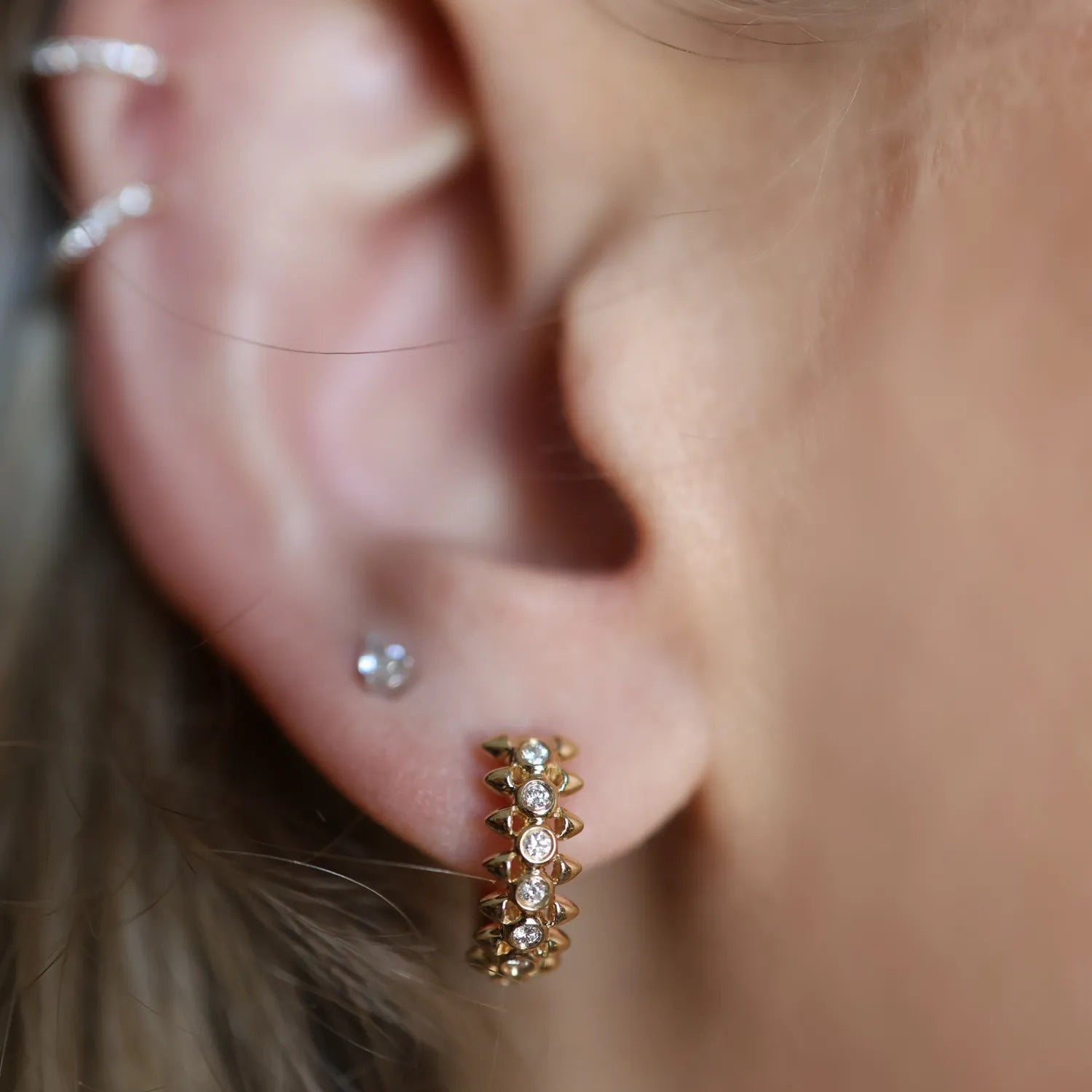 Gold & Diamond Spike Huggies-Earrings-Mama Bijoux