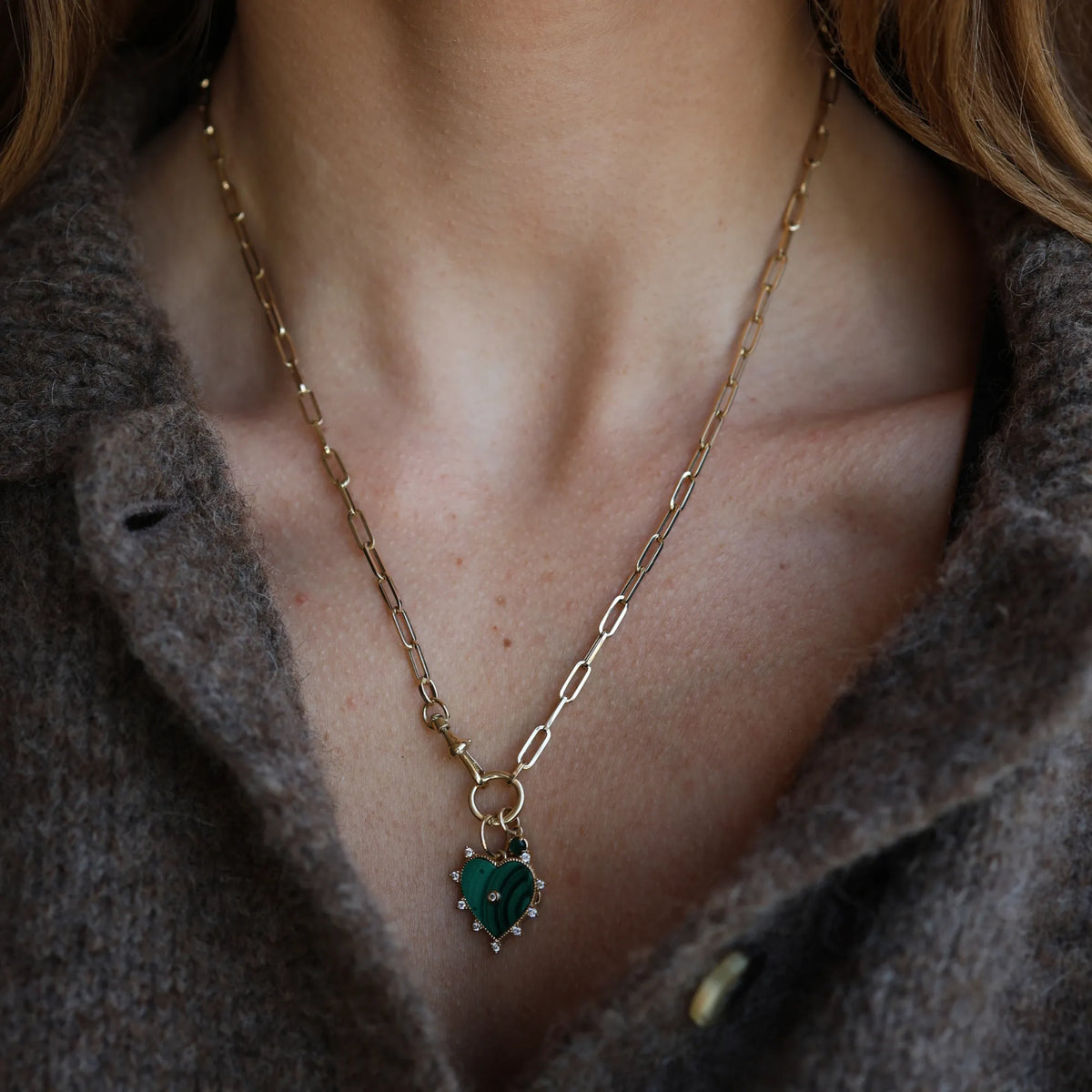 Gold paperclip chain necklace with swivel enhancer styled on neck layered with a pendant charm, 14k yellow gold, Mama Bijoux Costa Mesa Orange County jewelry