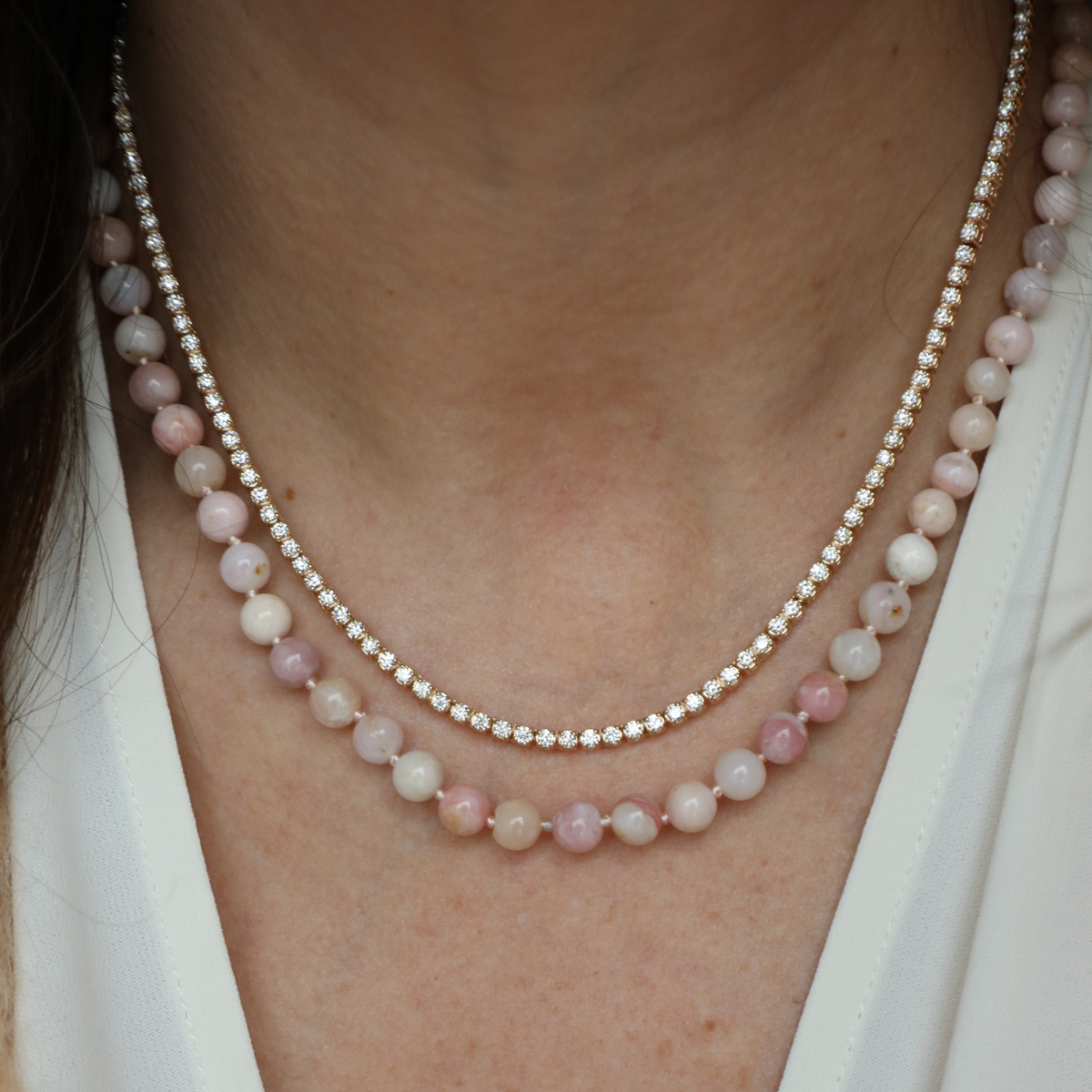 Fine jewelry under 500 14k gold diamond tennis necklace pink opal beaded layering necklace dainty necklace meaningful jewelry gift everyday fine jewelry anniversary jewelry Mama Bijoux Costa Mesa