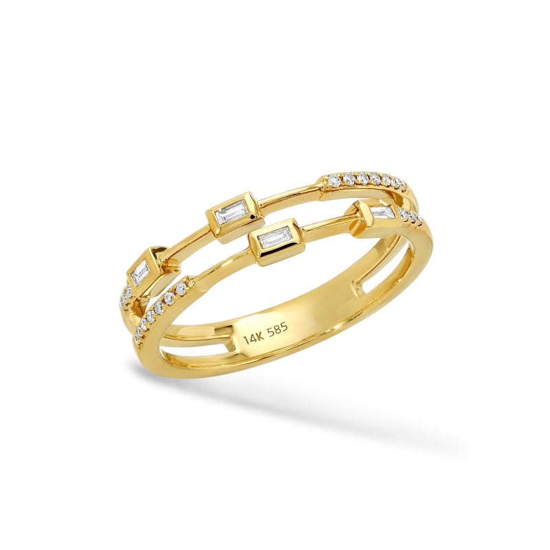 Double Stacked Gold Baguette & Pave Diamond Ring